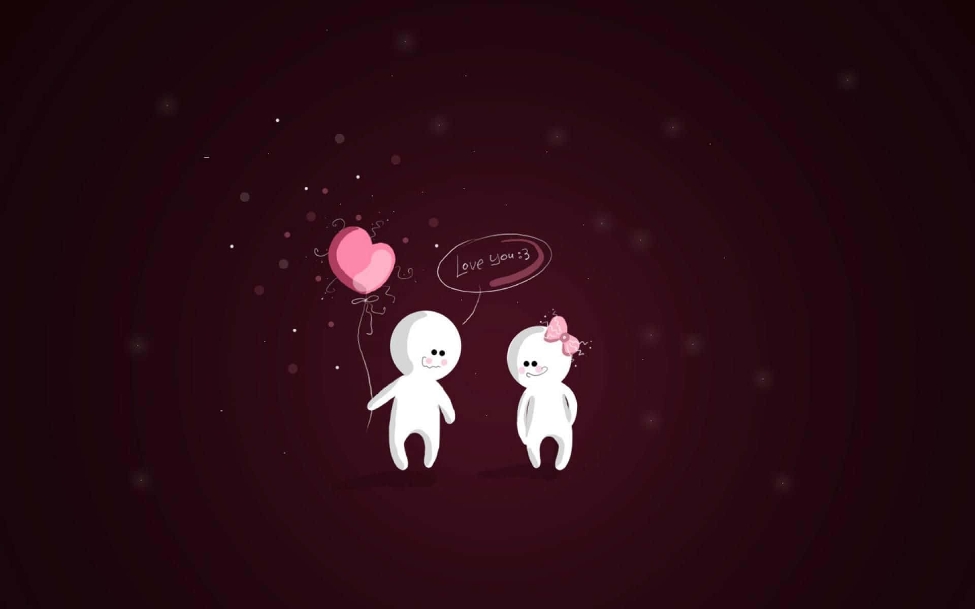 couple love 桌布 壁紙 — 兩個可愛的白色卡通人物，拿著粉紅色心形氣球和「Love you :3」對話框，漂浮在深栗色星空背景上。