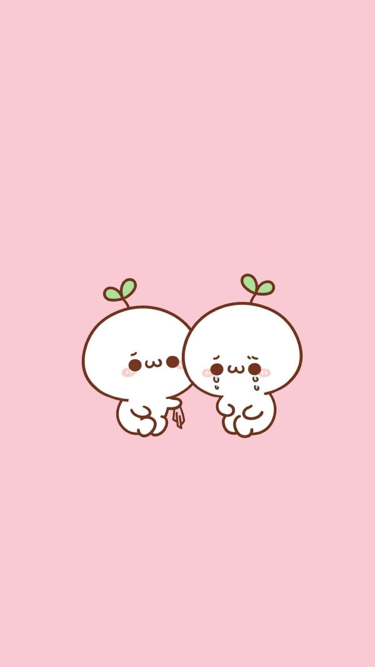 Cute Cartoon 桌布 壁紙 — 兩個可愛的白色卡通角色戴著芽帽，在柔和的粉紅色背景上擁抱。