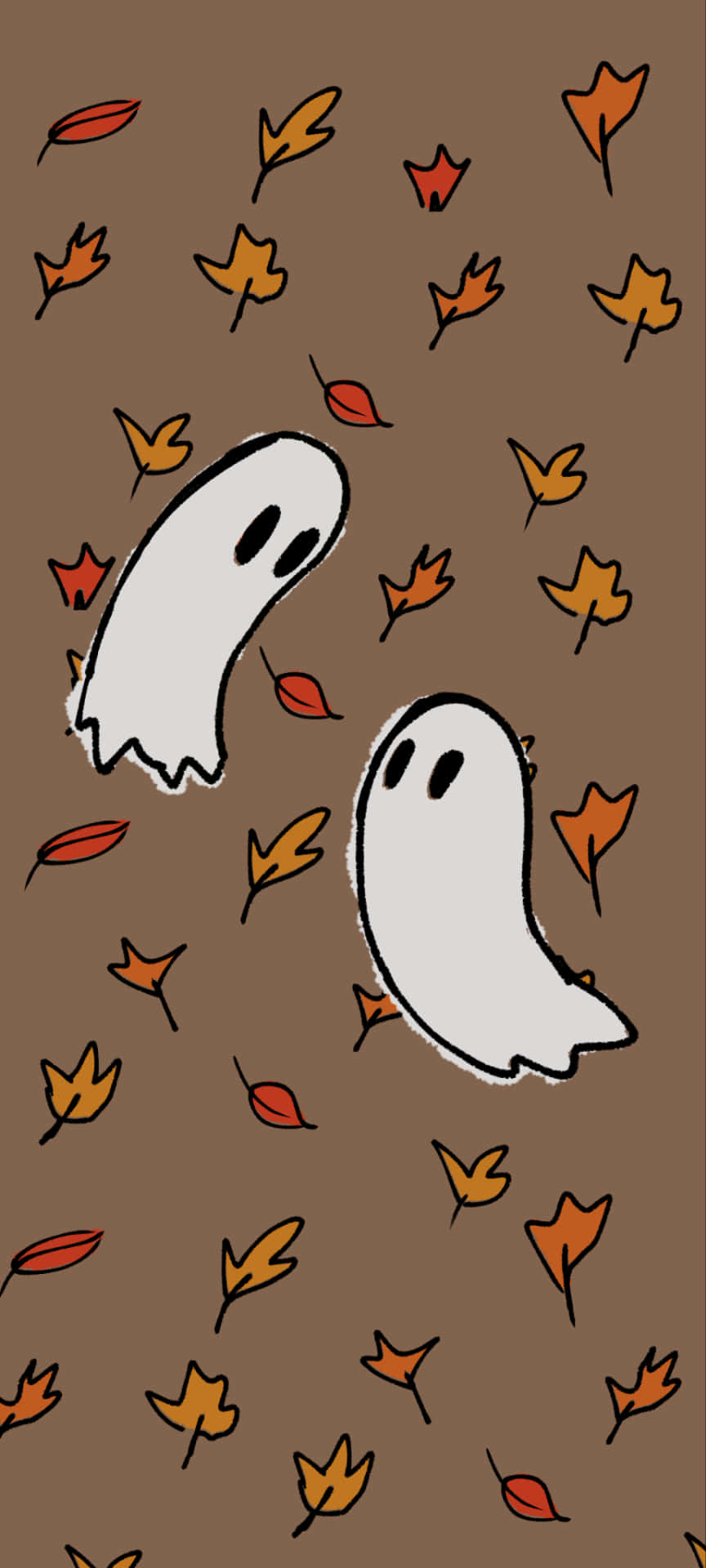 Cute Ghost 桌布 壁紙 — 兩個可愛的白色幽靈漂浮在棕色背景上，周圍是飄落的橙色和紅色秋葉。