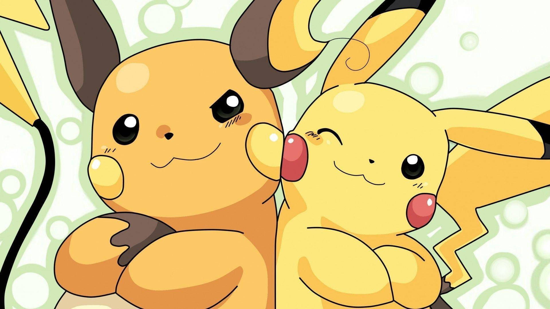 Raichu 桌布 壁紙 — 兩個可愛的皮卡丘角色在淺綠色泡泡圖案背景前溫暖地擁抱。