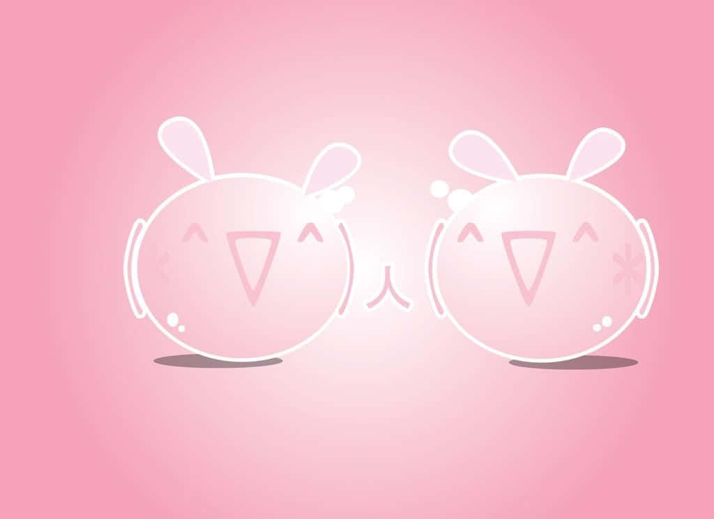 Pink Kawaii 桌布 壁紙 — 兩個可愛的簡約兔子角色，帶有簡單的笑容和兔耳朵，在柔和的粉紅色漸變背景上輕輕漂浮。