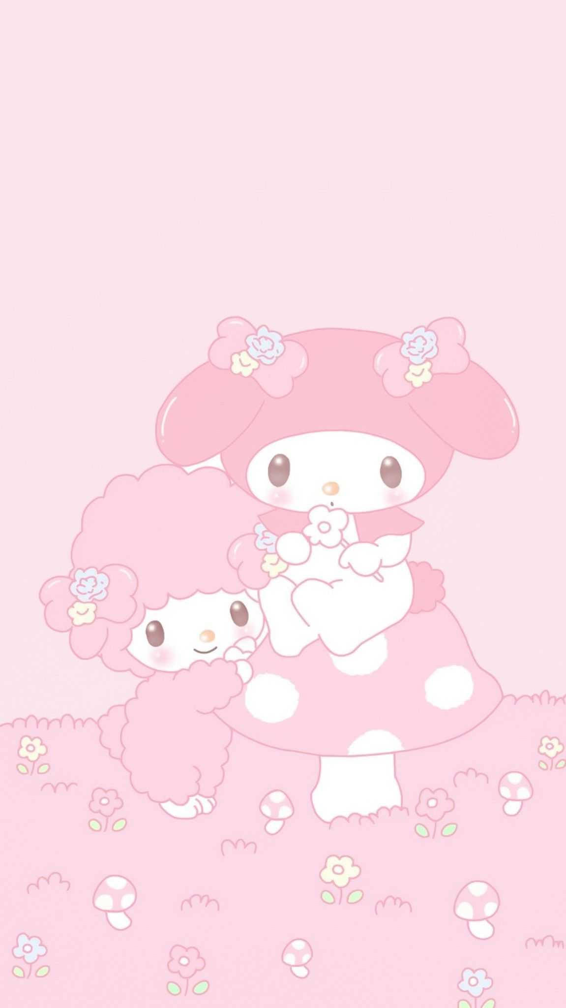 my 桌布 壁紙 — 兩個可愛的粉紅色 My Melody 角色在柔和的粉紅色田野中，有花朵和蘑菇。