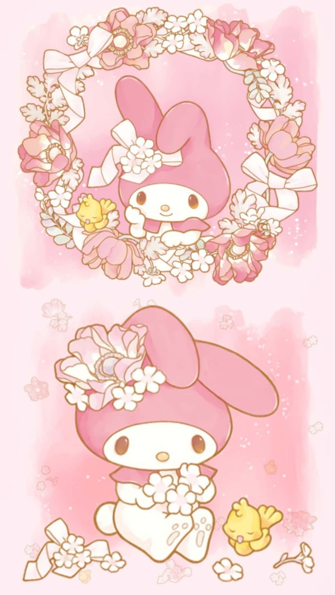Pink Flowers 桌布 壁紙 — 兩個可愛的粉紅色My Melody角色，被花環和花瓣包圍，背景是柔和的粉紅色。
