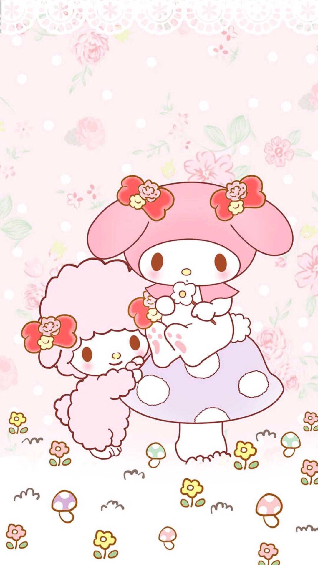 my 桌布 壁紙 — 兩個可愛的粉紅色頭髮 My Melody 角色戴著花卉帽子，在一個有蘑菇和花朵的柔和色調花園中抱著一隻白色兔子。