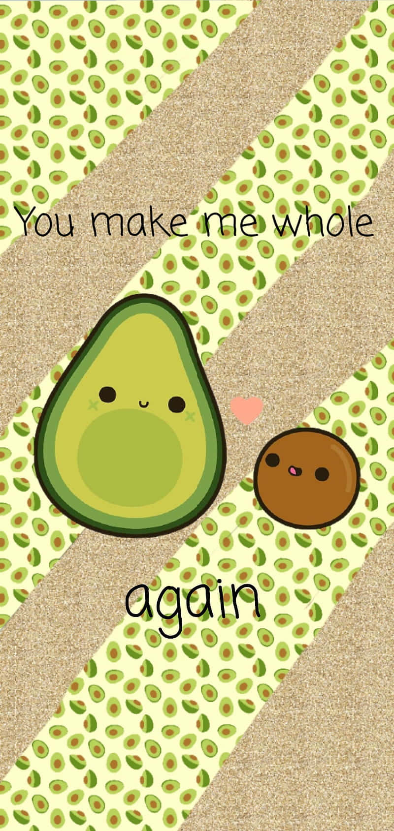 Avocado iPhone 桌布 壁紙 — 兩個可愛的酪梨角色之間有一顆心，背景有圖案和文字。