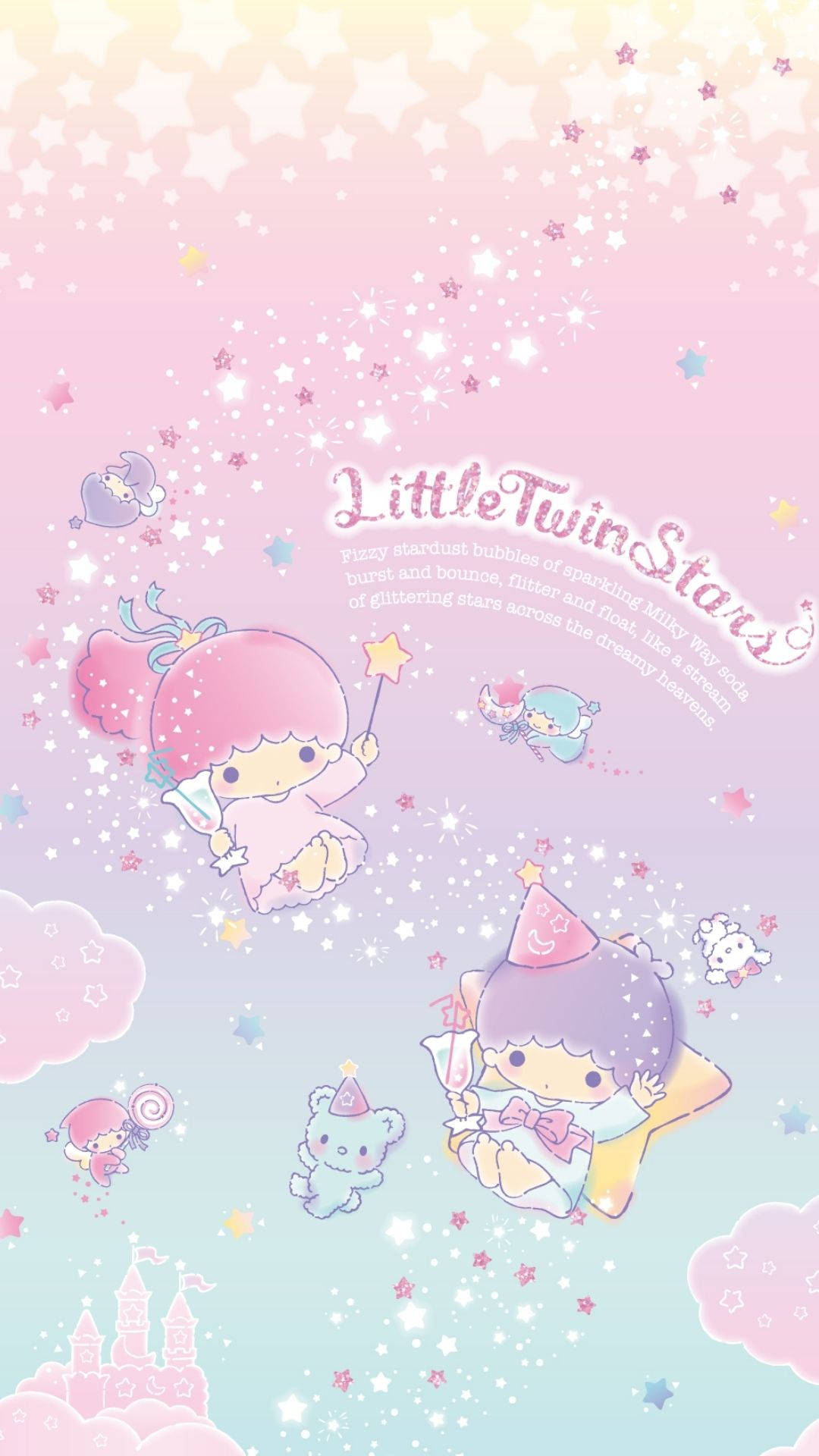 Twin 桌布 壁紙 — 兩個可愛的雙子星角色在閃爍的星星和粉彩雲朵之間漂浮，置身於夢幻般的魔法天空。