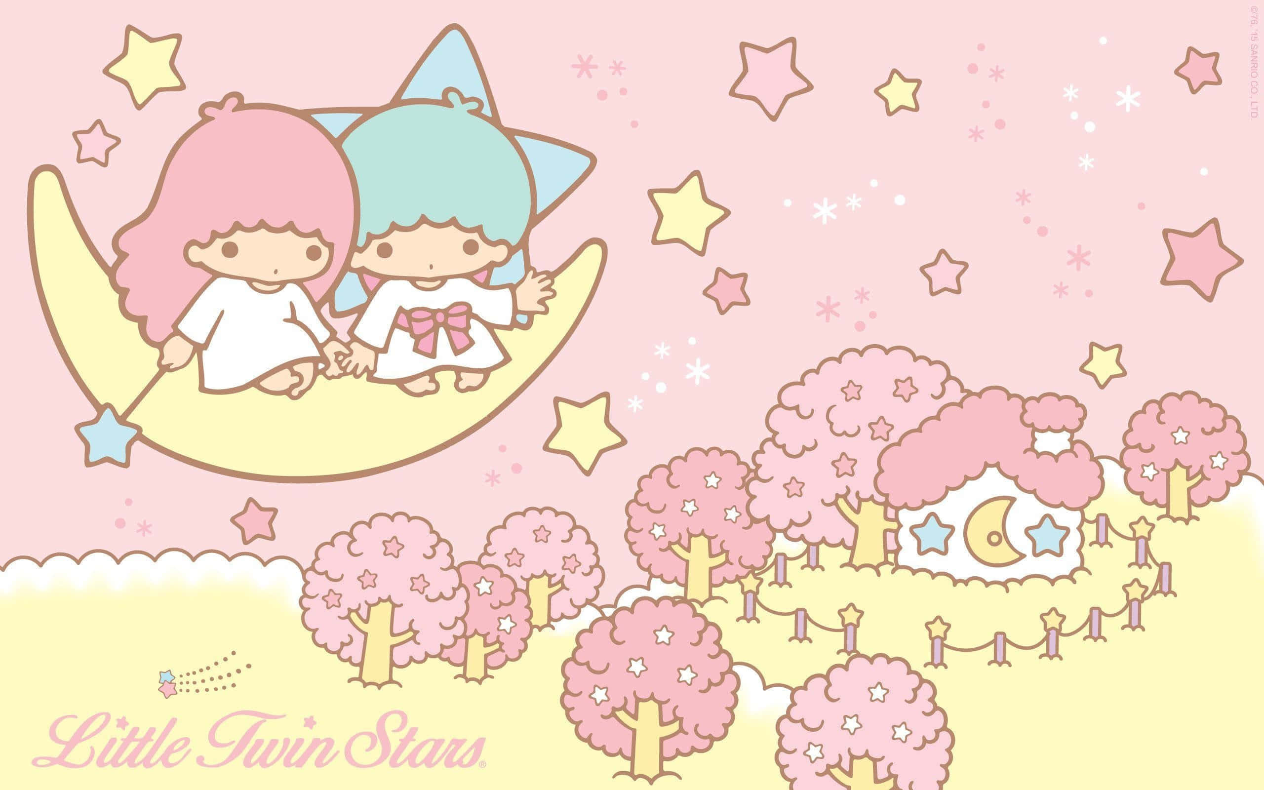 sanrio 桌布 壁紙 — 兩個可愛的雙胞胎女孩，頭髮分別是粉紅色和藍色，坐在新月上，周圍是粉紅色的樹木和閃爍的星星，背景是粉彩夢幻的天空。