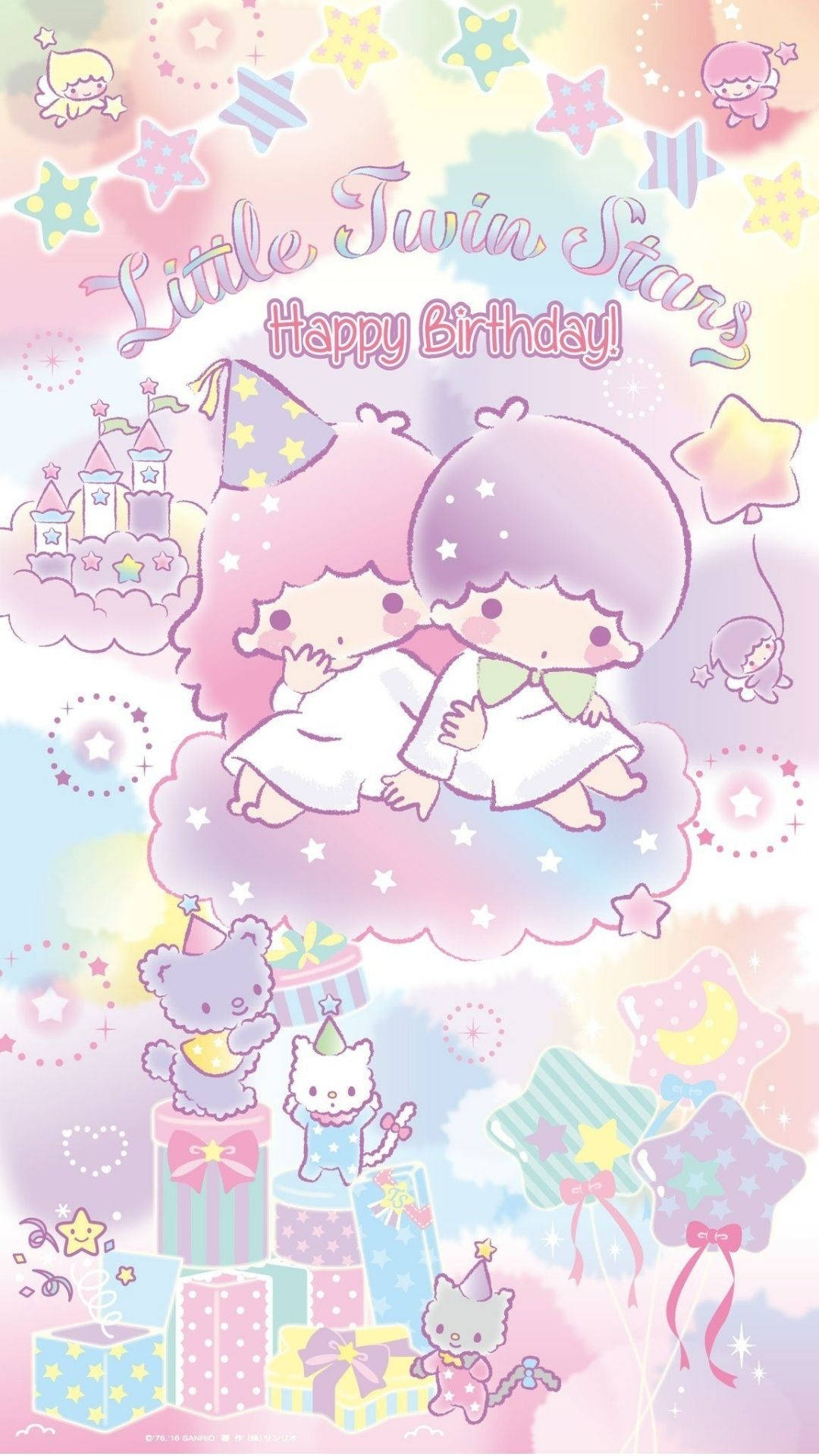 Twin 桌布 壁紙 — 兩個可愛的雙胞胎女孩戴著派對帽，坐在雲上，周圍有禮物、星星和城堡，顏色柔和。