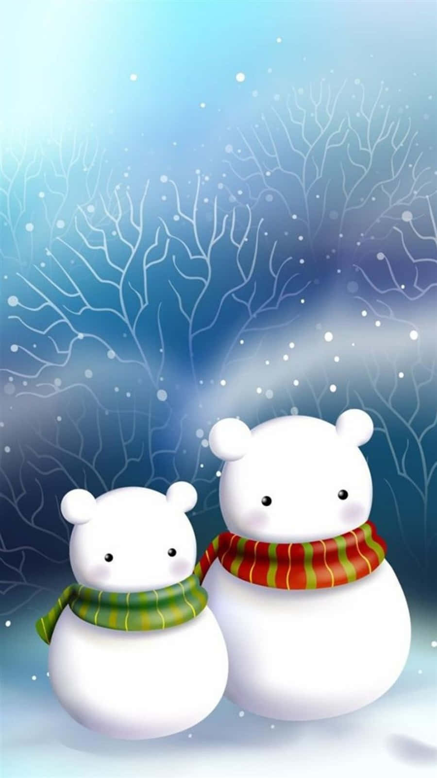 Cute Christmas Phone 桌布 壁紙 — 兩個可愛的雪人戴著色彩繽紛的圍巾，一起站在一個有光禿樹木和飄雪的下雪冬季場景中。