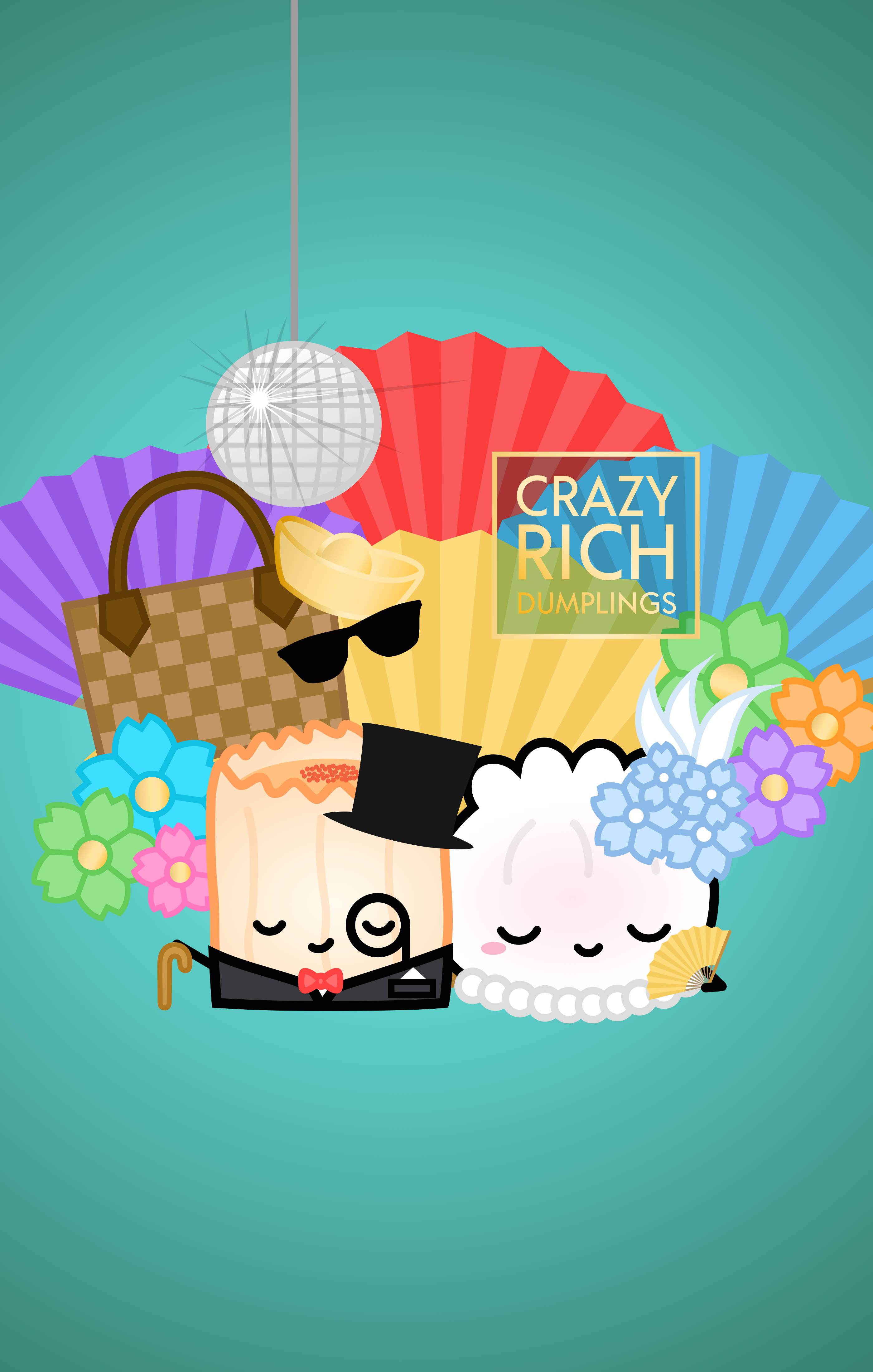 Rich 桌布 壁紙 — 兩個可愛的餃子角色穿著正式服裝，被奢侈品和彩色扇子包圍，背景為青綠色。