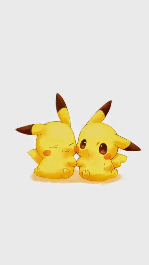 Cute Pikachu 桌布 壁紙 — 兩個可愛的黃色皮卡丘角色閉著眼睛依偎在純淺灰色背景上。