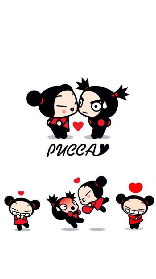 Pucca 桌布 壁紙 — 兩個可愛的黑色和紅色卡通角色在純白色背景上分享一個充滿愛意的時刻，周圍環繞著心形。