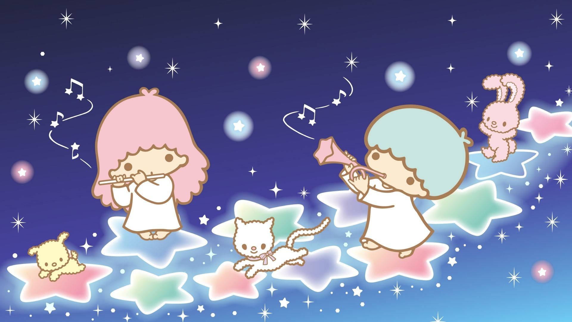 Twin 桌布 壁紙 — 兩個可愛角色在發光的星星上吹奏長笛，周圍環繞著音符和漂浮的動物，背景是繁星點點的夜空。