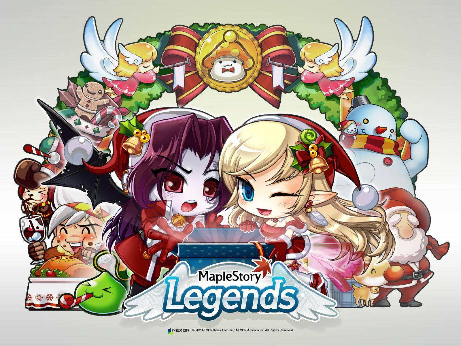game 桌布 壁紙 — 兩個可愛角色穿著節日服裝，站在裝飾著天使、雪人和聖誕老人的花環下。