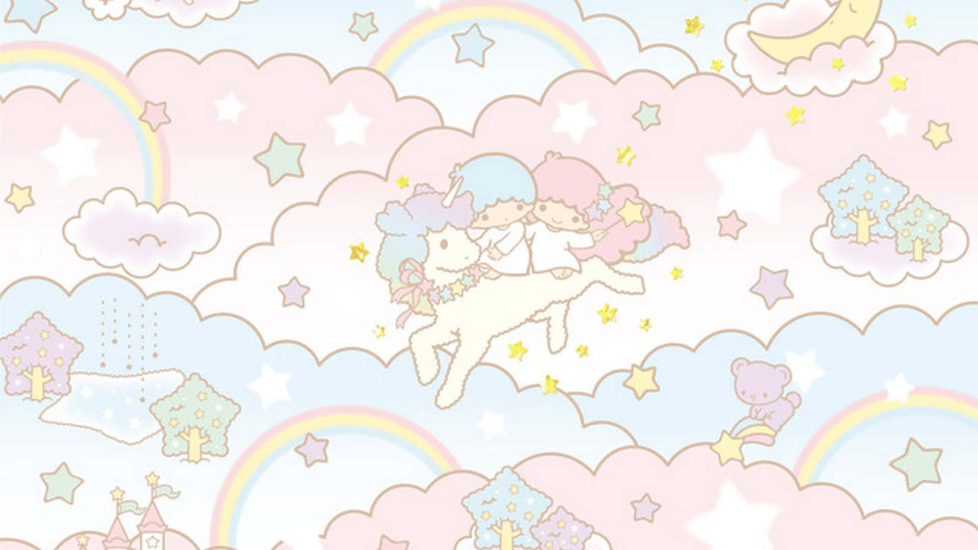 Cute Pixel Desktop 桌布 壁紙 — 兩個可愛角色騎著白色獨角獸穿過粉彩雲朵，伴隨著彩虹、星星和微笑的雲朵，在奇幻的天空中。