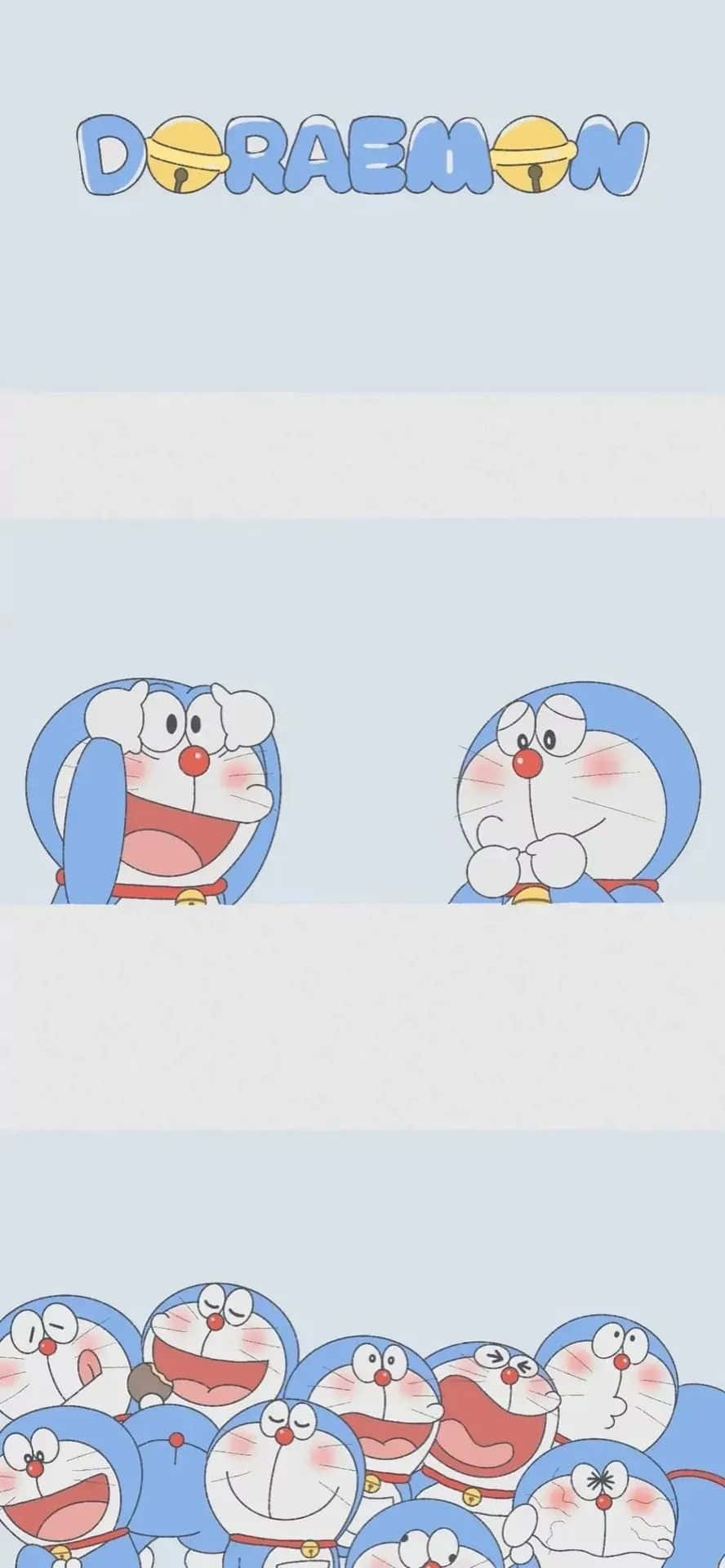 Doraemon 桌布 壁紙 — 兩個哆啦A夢角色從邊緣探出頭來，下方有一群微笑的哆啦A夢在淺藍色背景上。