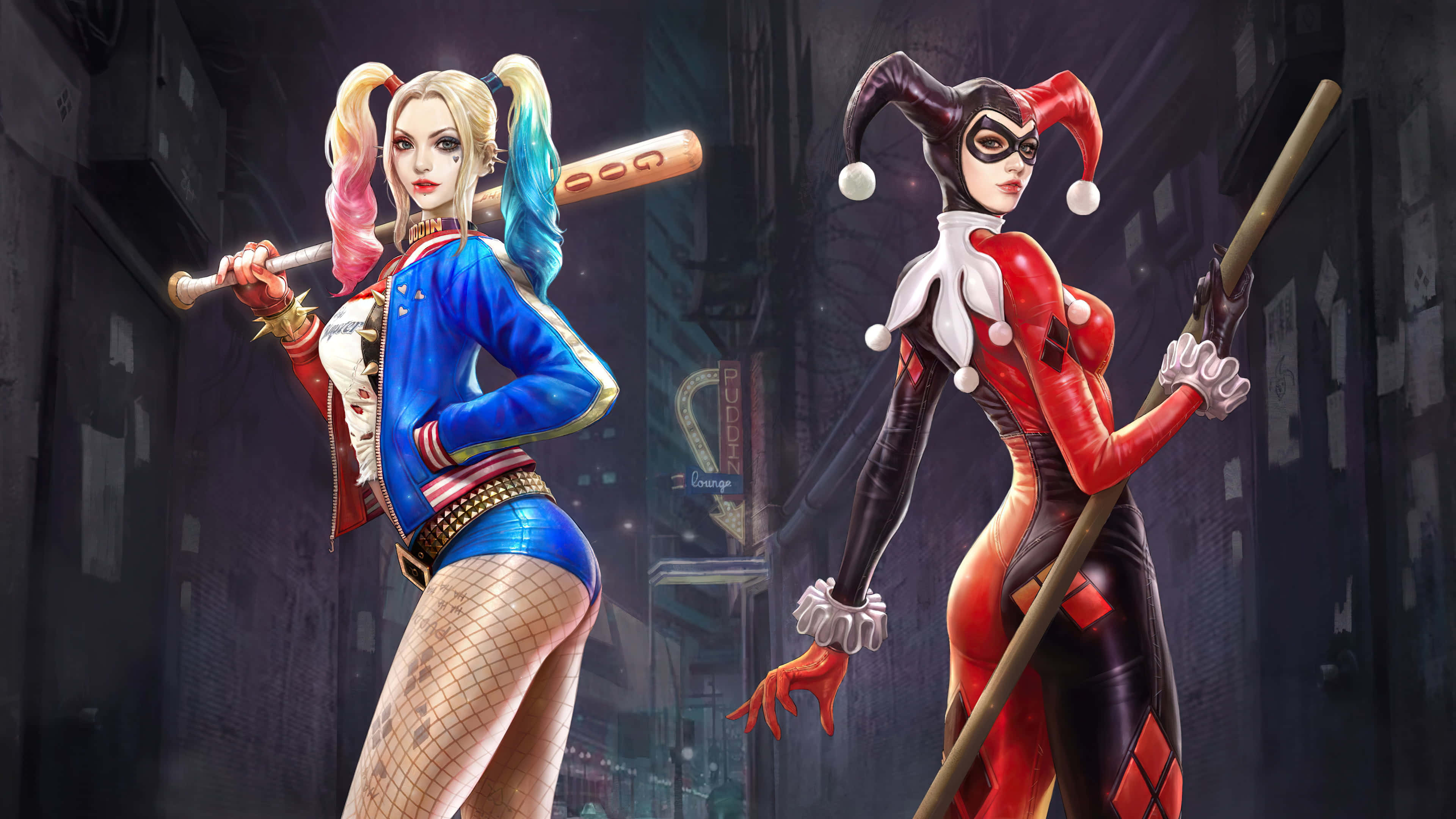 Harley Quinn Baseball Bat 桌布 壁紙 — 兩個哈莉·奎茵角色自信地站在霓虹燈照亮的城市小巷中，手持棒球棍。