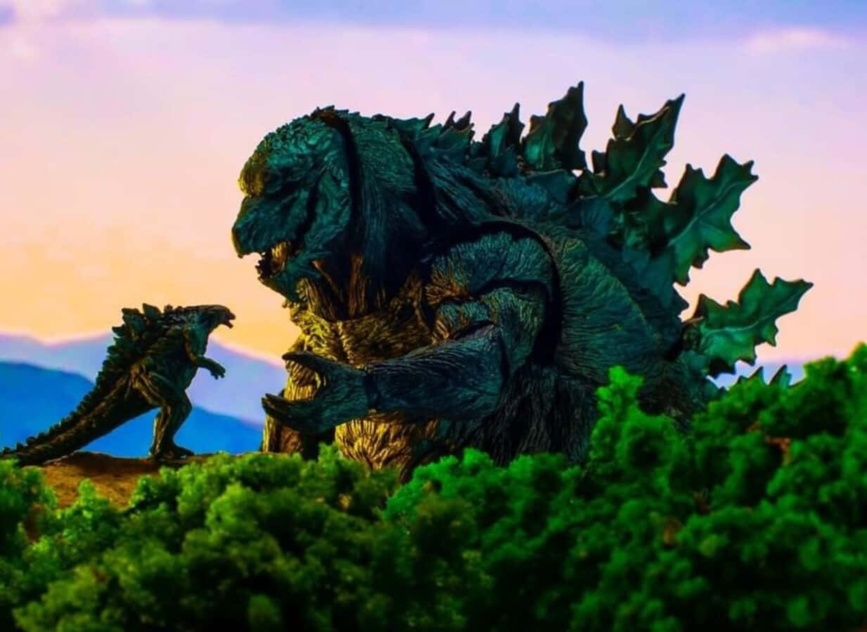 Godzilla Earth 桌布 壁紙 — 兩個哥吉拉公仔在綠色灌木叢上對峙，背景是柔和的粉紅色和藍色日落天空及遠山。