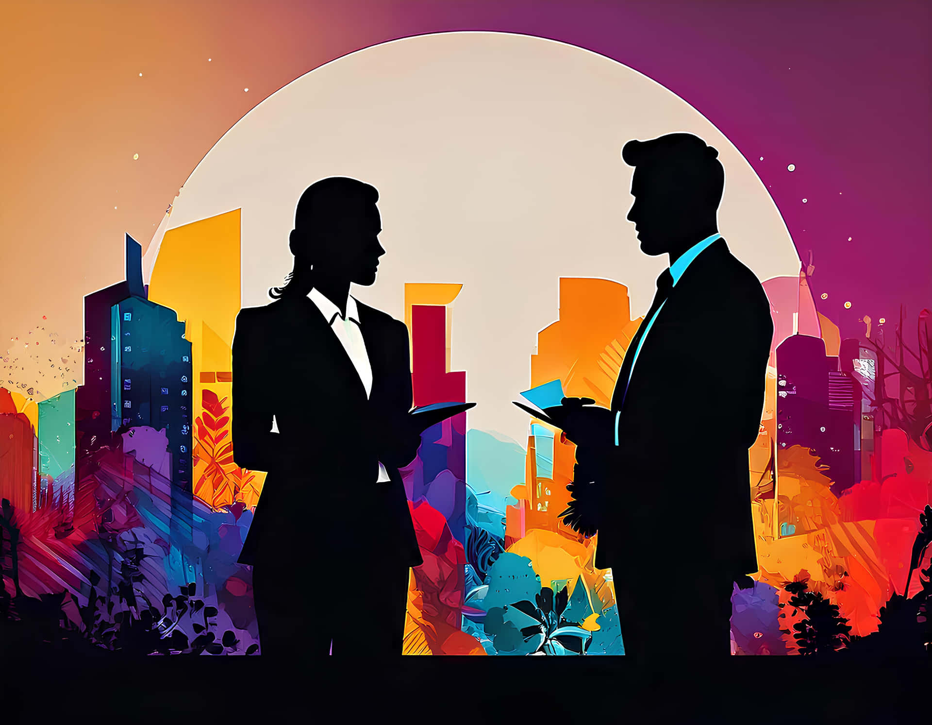 Silhouettes of Business People 壁紙 — 兩個商業剪影在發光的月亮下，以充滿活力的風格化城市景觀為背景交談。
