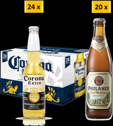 Corona Beer 桌布 壁紙 — 兩個啤酒瓶及其箱子在黑色背景上展示，帶有黃色數量標籤。