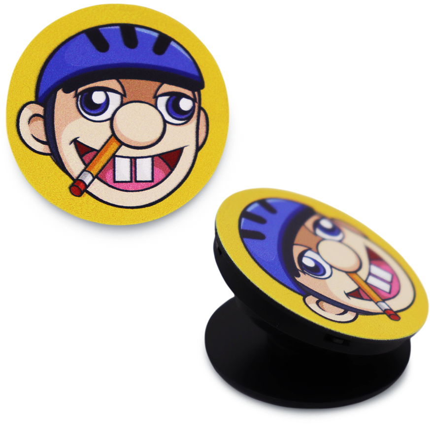 Jeffy 桌布 壁紙 — 兩個圓形PopSocket，上面有戴藍色頭盔、嘴裡叼著鉛筆的卡通角色，背景為黑色。