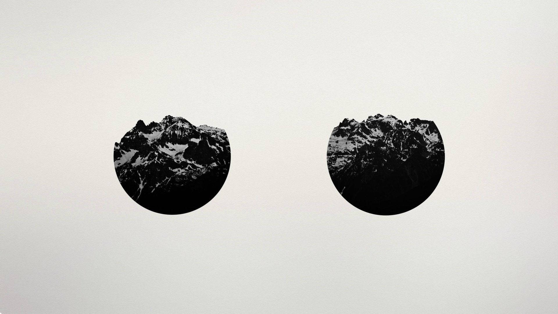 Aesthetic Black And White 桌布 壁紙 — 兩個圓形黑色山峰剪影，頂部有雪，漂浮在純米白色背景上。