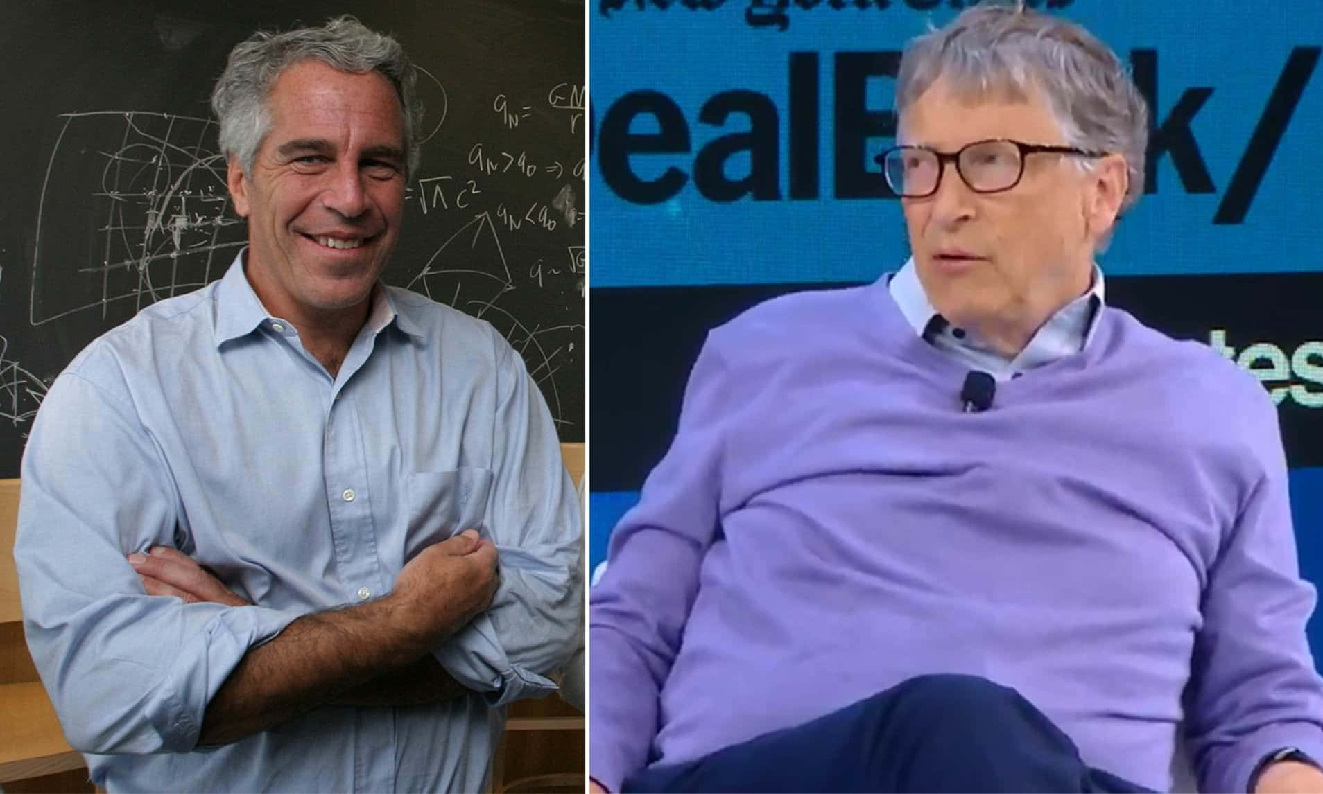 Bill Gates And Epstein 桌布 壁紙 — 兩個在不同場景中的男人，一個在黑板前微笑，另一個坐在會議室裡。