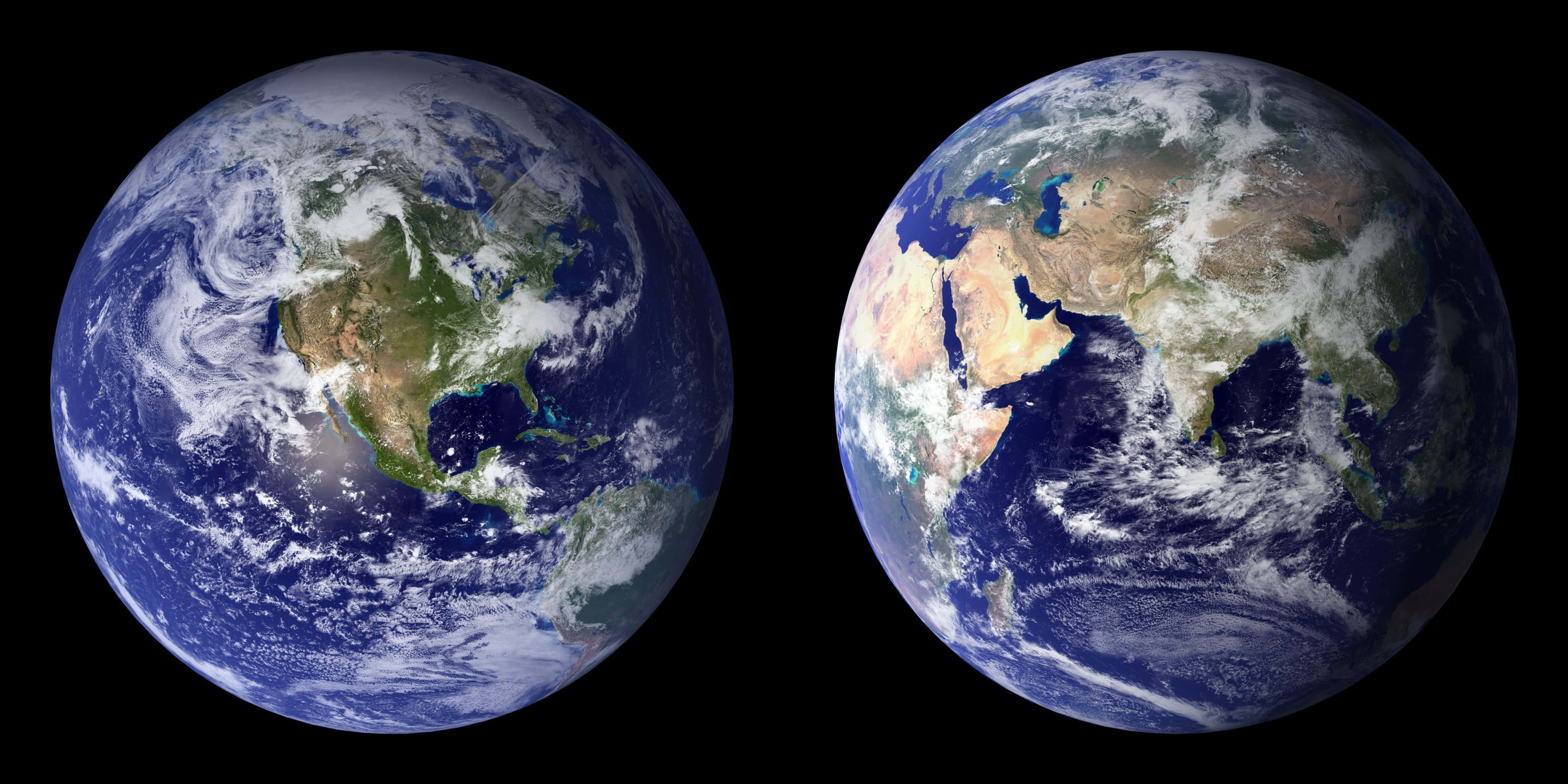 planet earth 桌布 壁紙 — 兩個地球儀並排顯示北美洲和亞洲，背景為黑色太空。