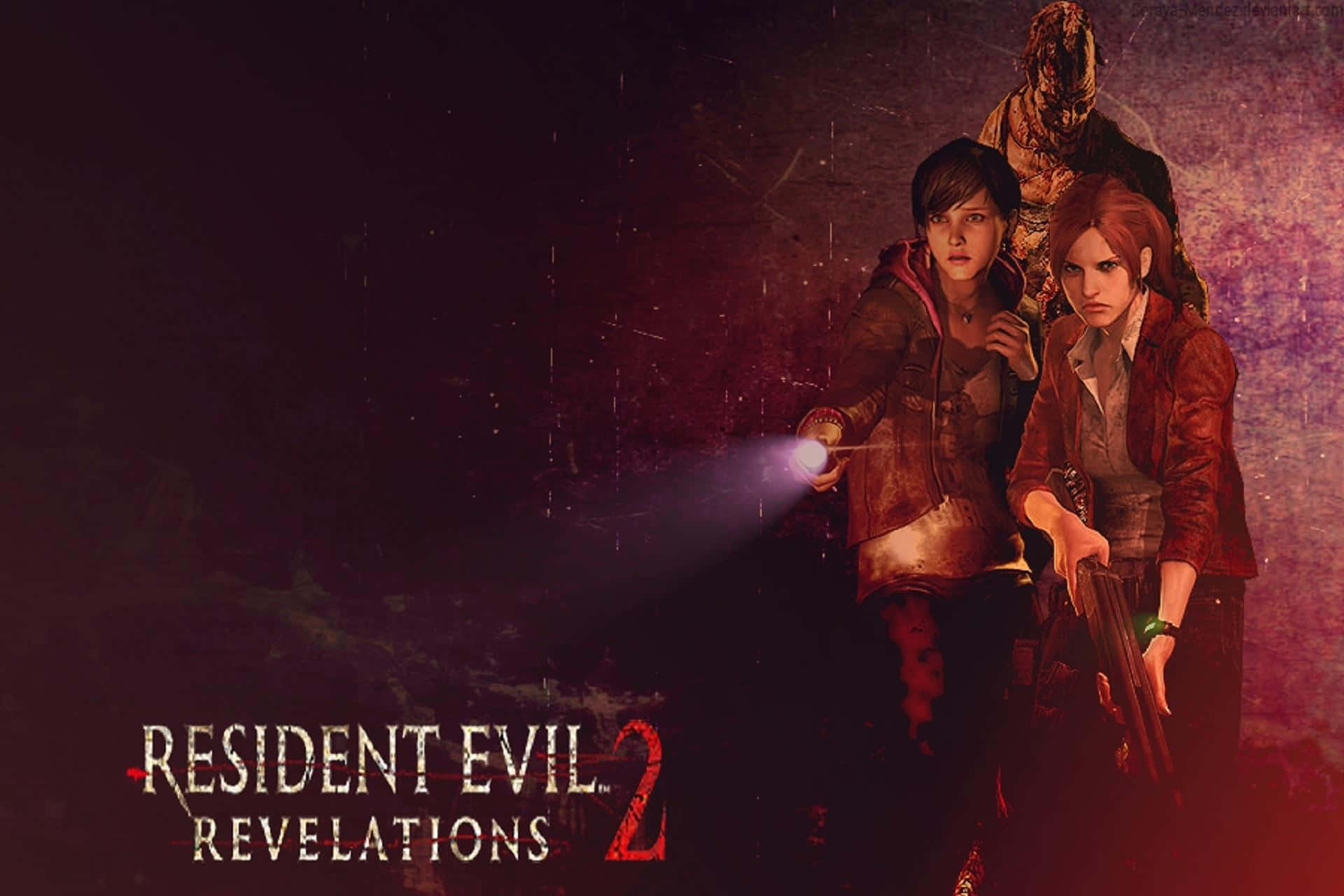 Resident Evil Revelations 2 桌布 壁紙 — 兩個堅定的倖存者手持武器和手電筒，一個怪誕的殭屍在他們身後隱現，場景黑暗而粗獷。