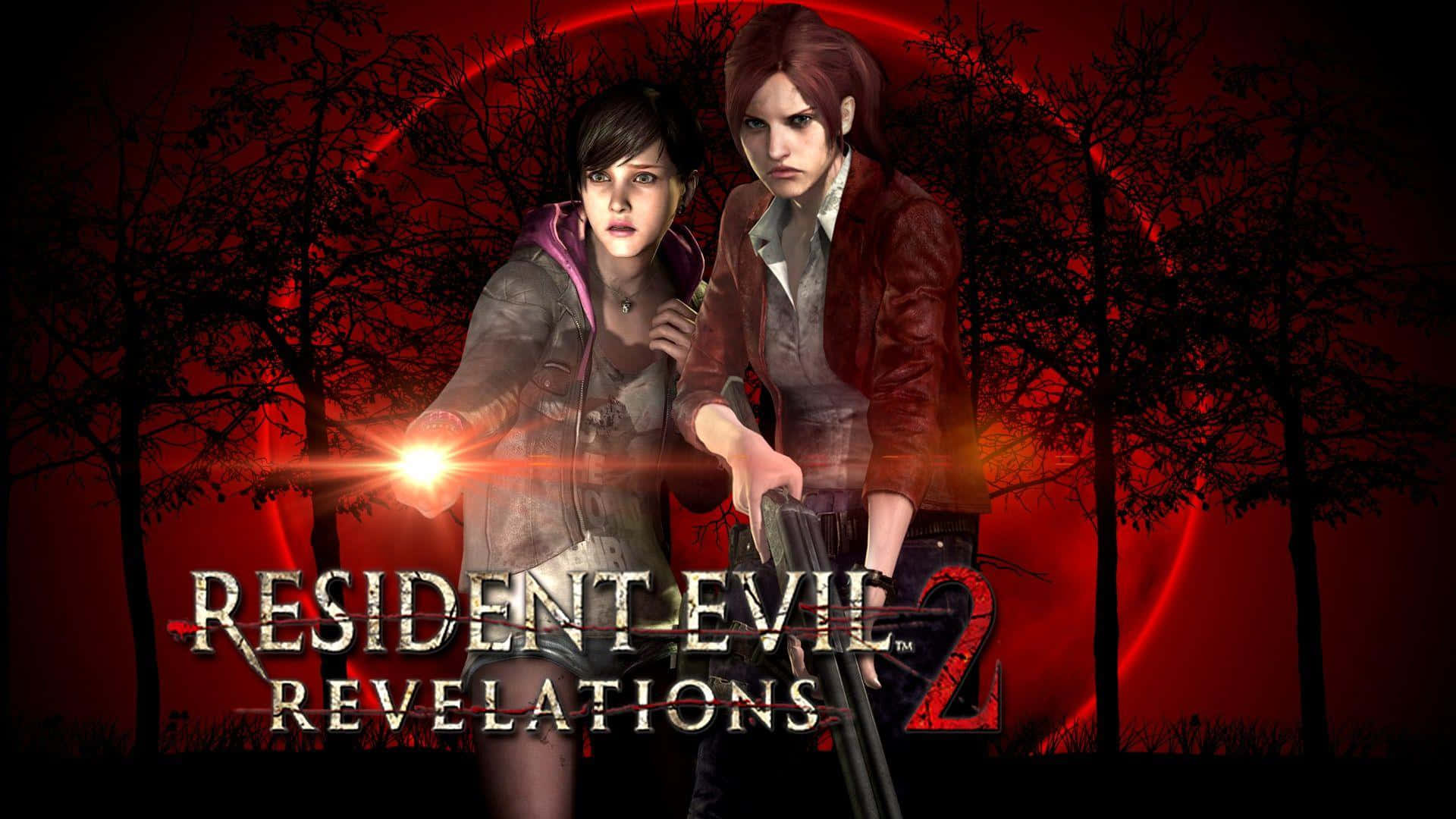 Resident Evil Revelations 2 桌布 壁紙 — 兩個堅定的倖存者站在血紅色的森林中，手持武器，在發光的紅月下。