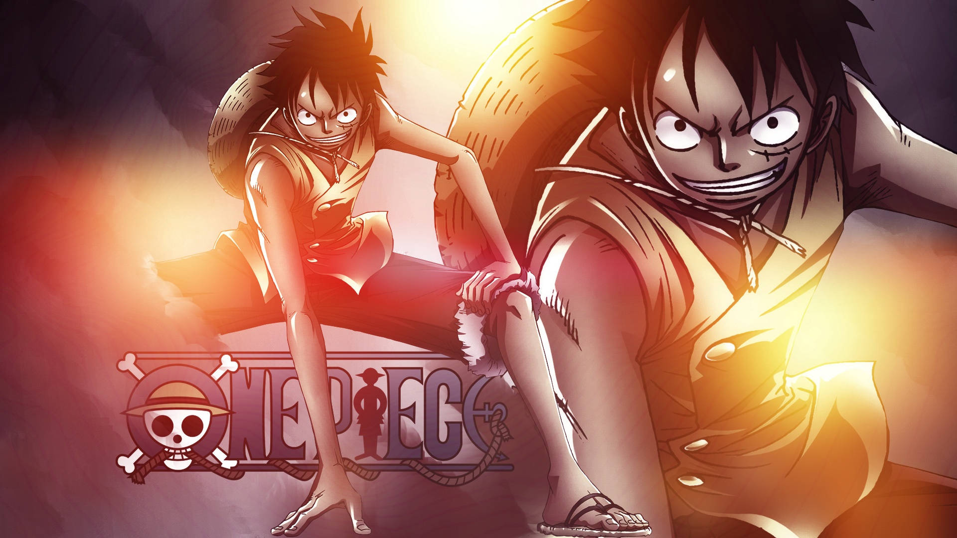 Luffy 桌布 壁紙 — 兩個堅定的動漫海盜蹲在火光中，One Piece 標誌在他們下方發光。