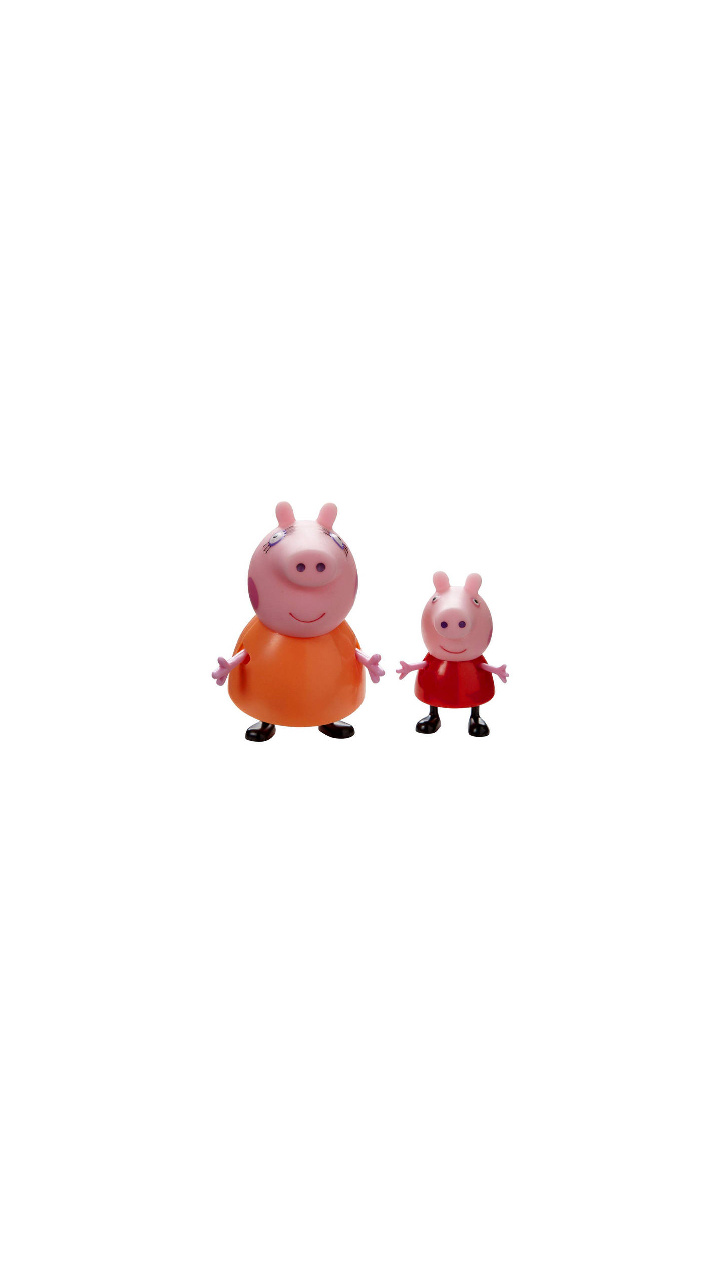 Peppa 桌布 壁紙 — 兩個塑膠玩具豬角色，一個穿橙色裙子，一個穿紅色裙子，並排站在白色背景前。