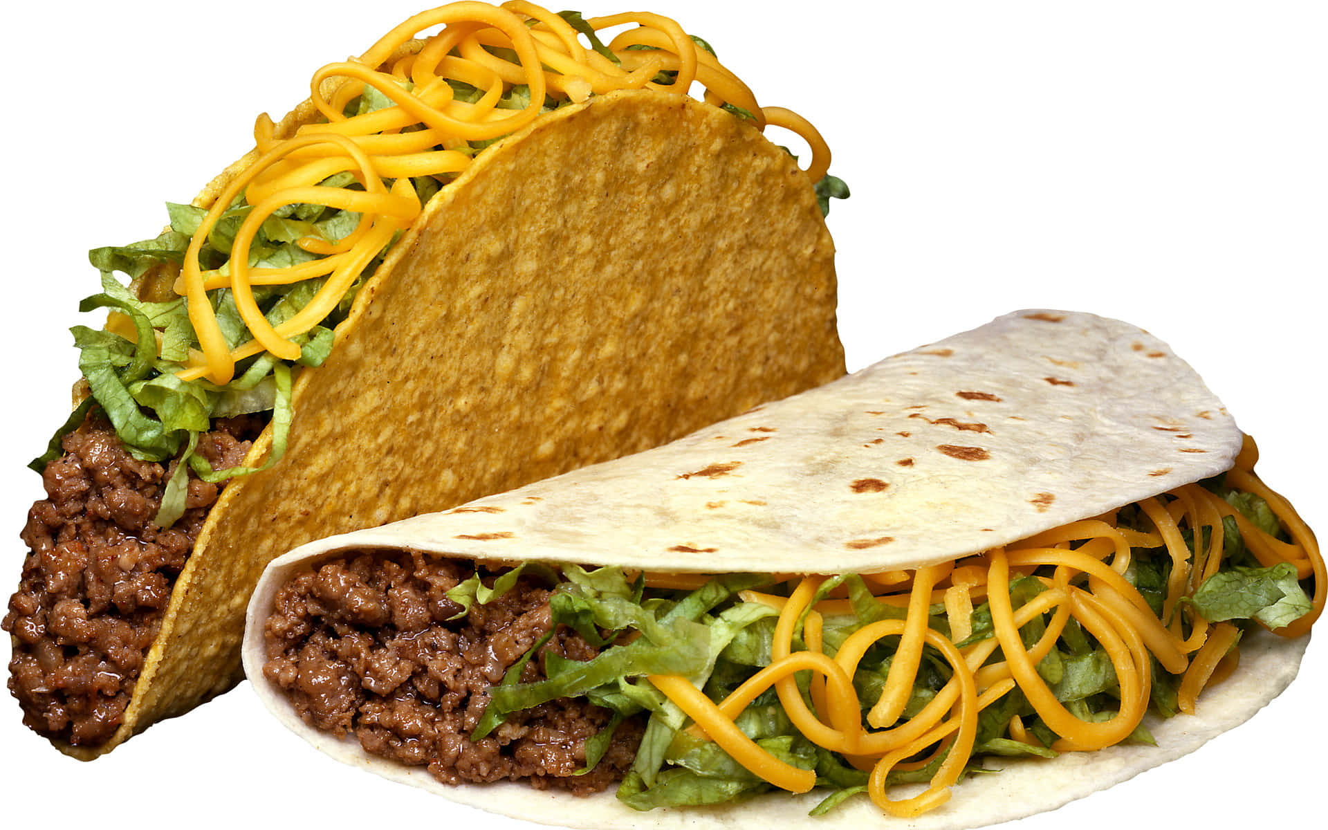 Mexican 桌布 壁紙 — 兩個墨西哥捲餅，一個硬殼一個軟玉米餅，內餡有碎牛肉、生菜和切絲起司。