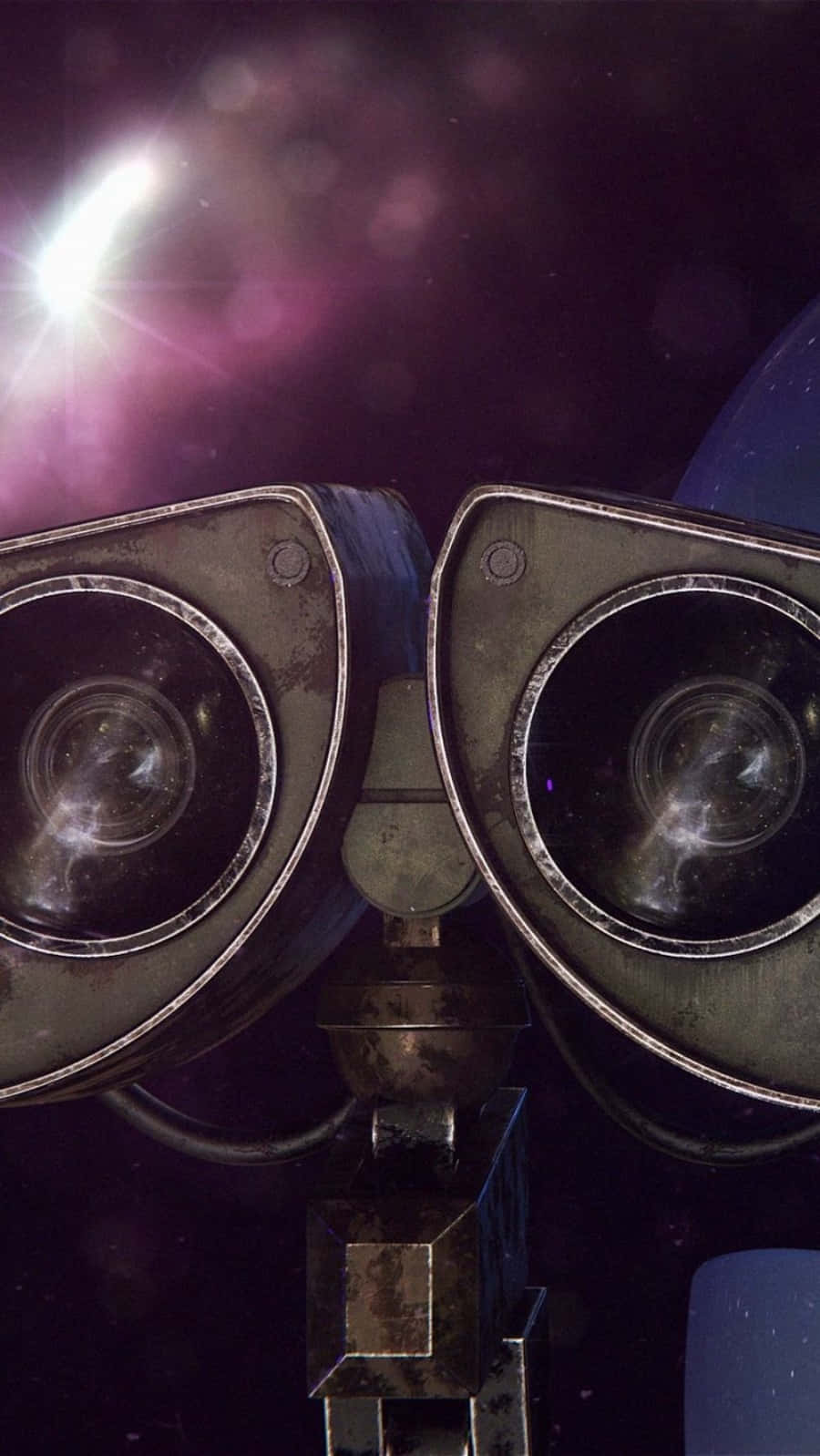 Robot 桌布 壁紙 — 兩個大型金屬望遠鏡凝視著一個散發著紫色和白色光芒的充滿活力的宇宙星雲。