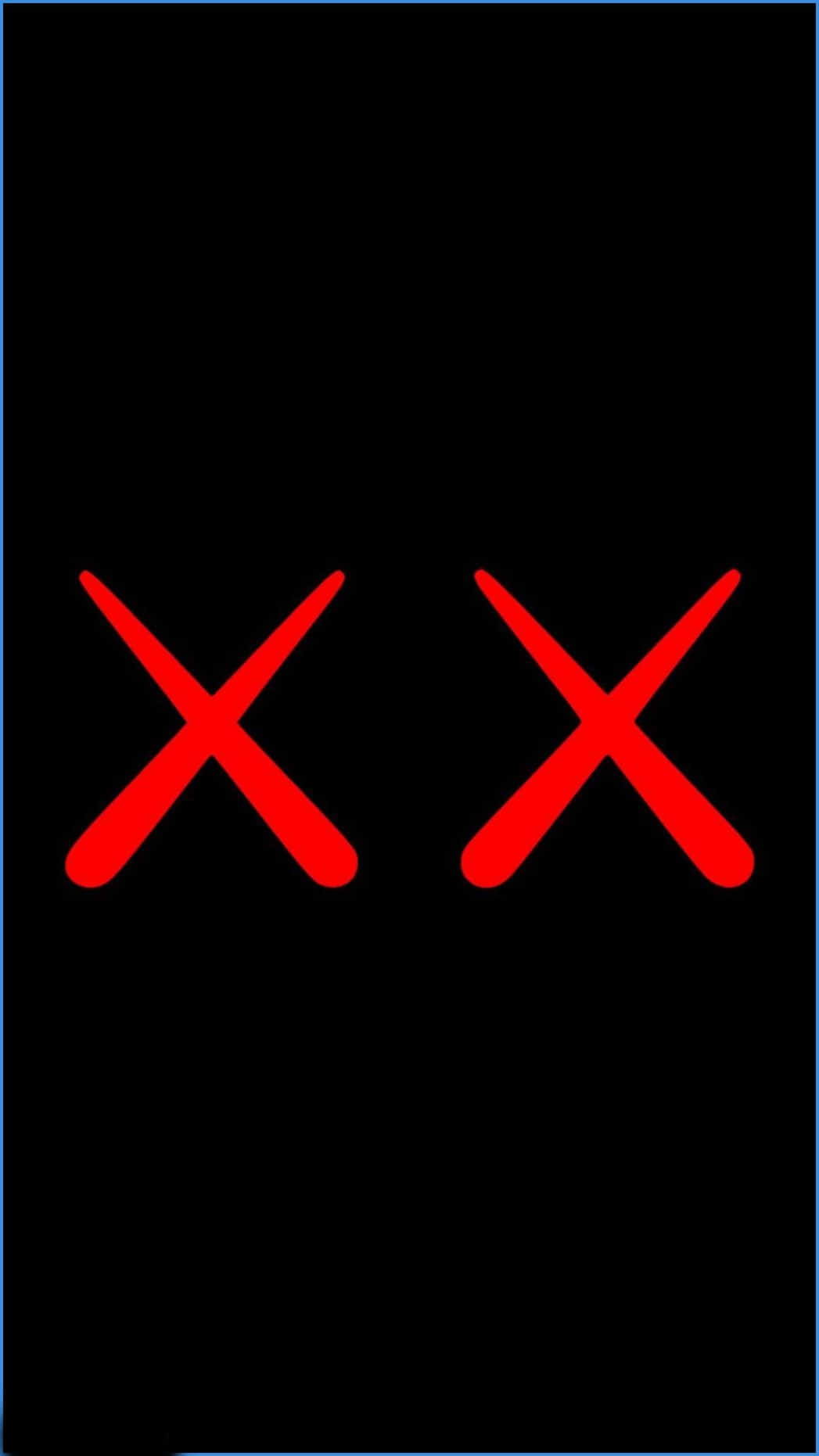 kaws 4K 桌布 壁紙 — 兩個大膽的紅色 X 標記在漆黑的背景上發光，並以細藍色邊框框起。