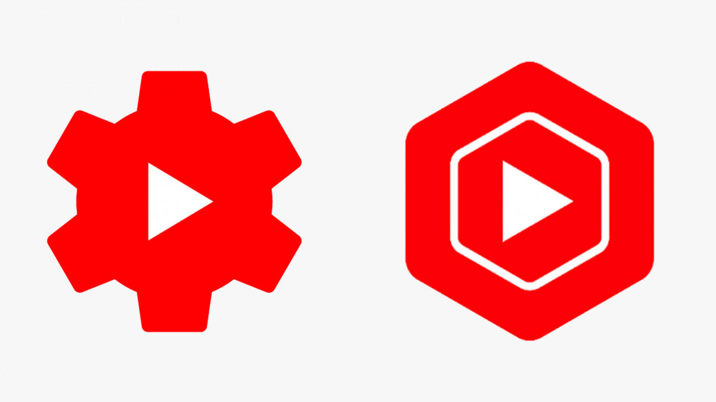 YouTube Logo 桌布 壁紙 — 兩個大膽的紅色圖示，一個齒輪和一個六邊形，每個都有一個白色播放按鈕居中在淺灰色背景上。