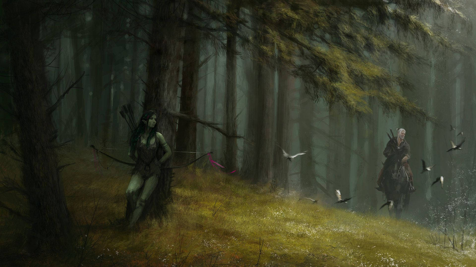 巫師 桌布 壁紙 — 兩個奇幻人物在迷霧森林中穿梭，一個騎著馬，另一個拿著弓箭，鳥兒在他們之間飛翔。