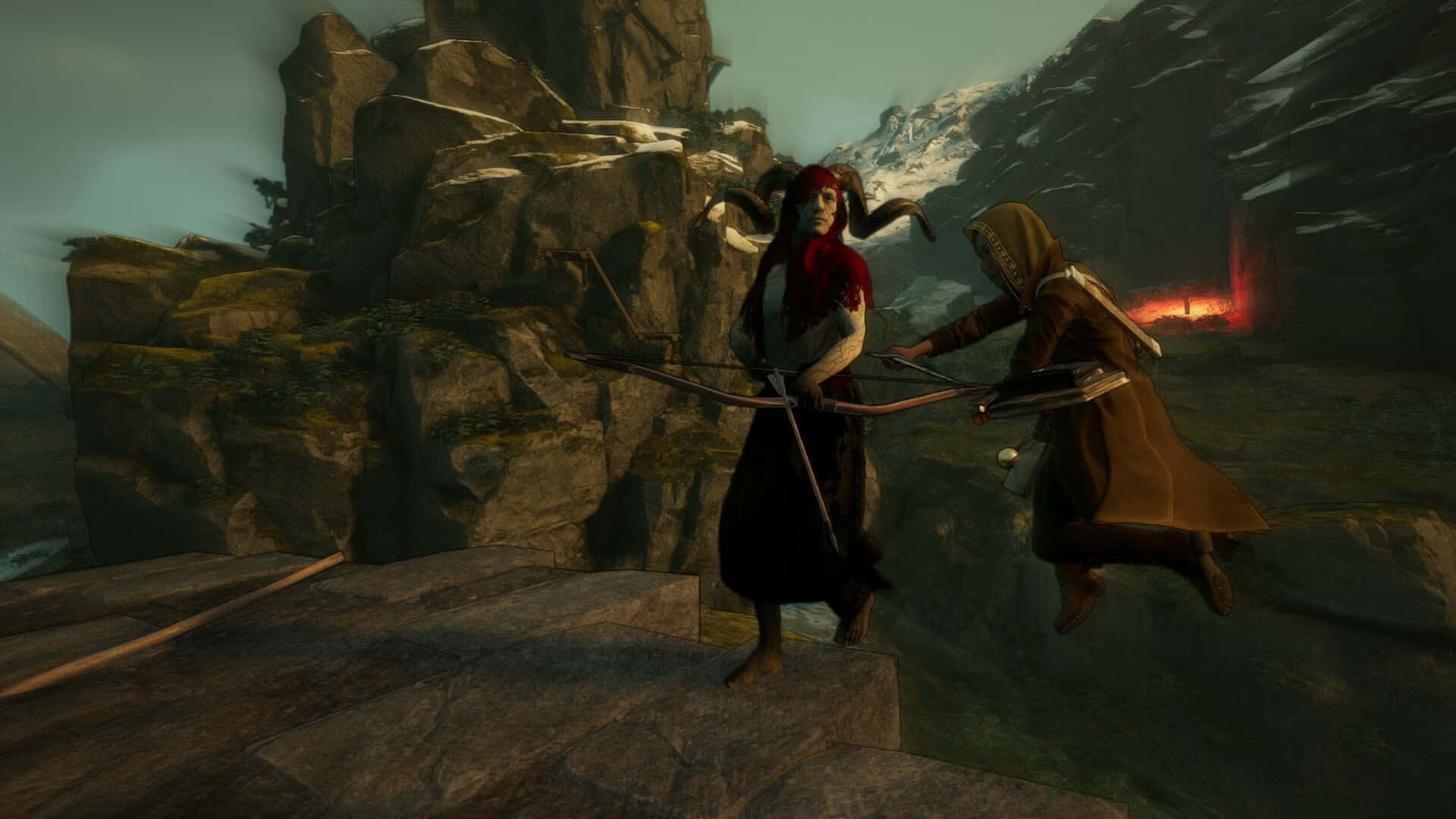 Dark Souls Emerald Herald 桌布 壁紙 — 兩個奇幻弓箭手在白雪覆蓋的山崖上衝突，眼睛發出紅光，燈光效果戲劇化。