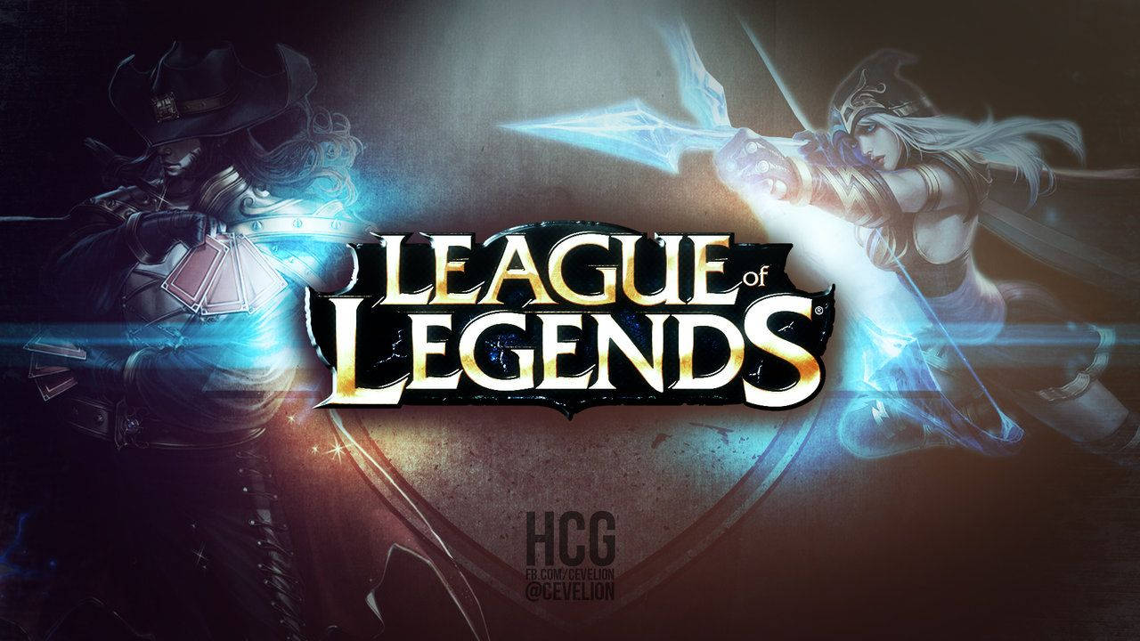 背景 桌布 壁紙 — 兩個奇幻戰士在League of Legends標誌周圍的發光藍色能量中碰撞。