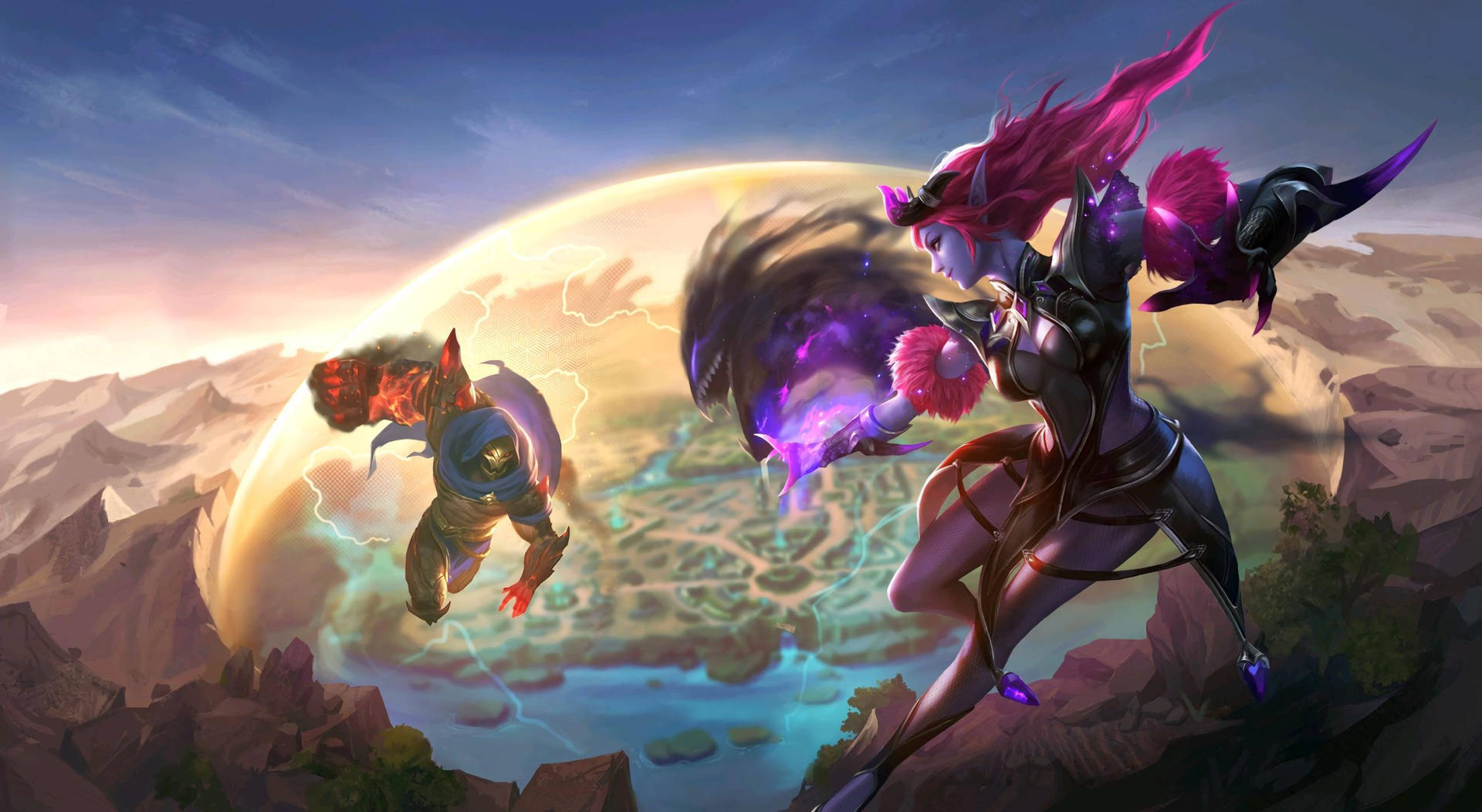 Mobile Legends 動態圖 桌布 壁紙 — 兩個奇幻戰士在戲劇性的沙漠峽谷中，在發光的天體下交鋒。