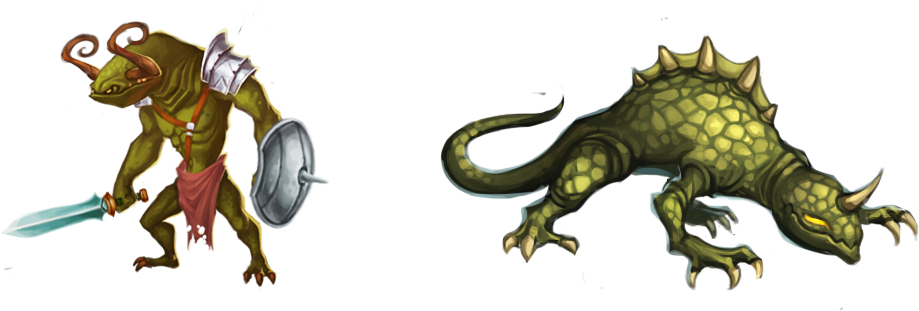reptile 桌布 壁紙 — 兩個奇幻生物，一個有角的類人戰士手持劍和盾牌，以及一個帶刺的綠色龍狀野獸，站在黑色背景前。