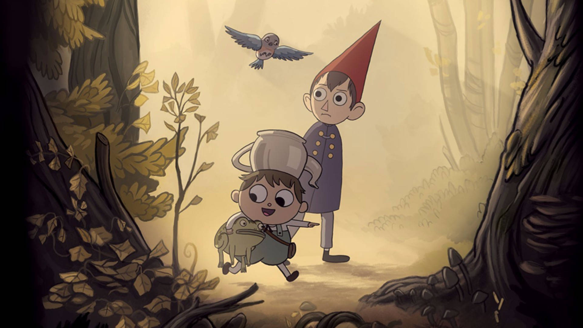 over the garden wall 桌布 壁紙 — 兩個奇幻的動畫小孩在迷霧森林中，頭頂有一隻鳥飛過。