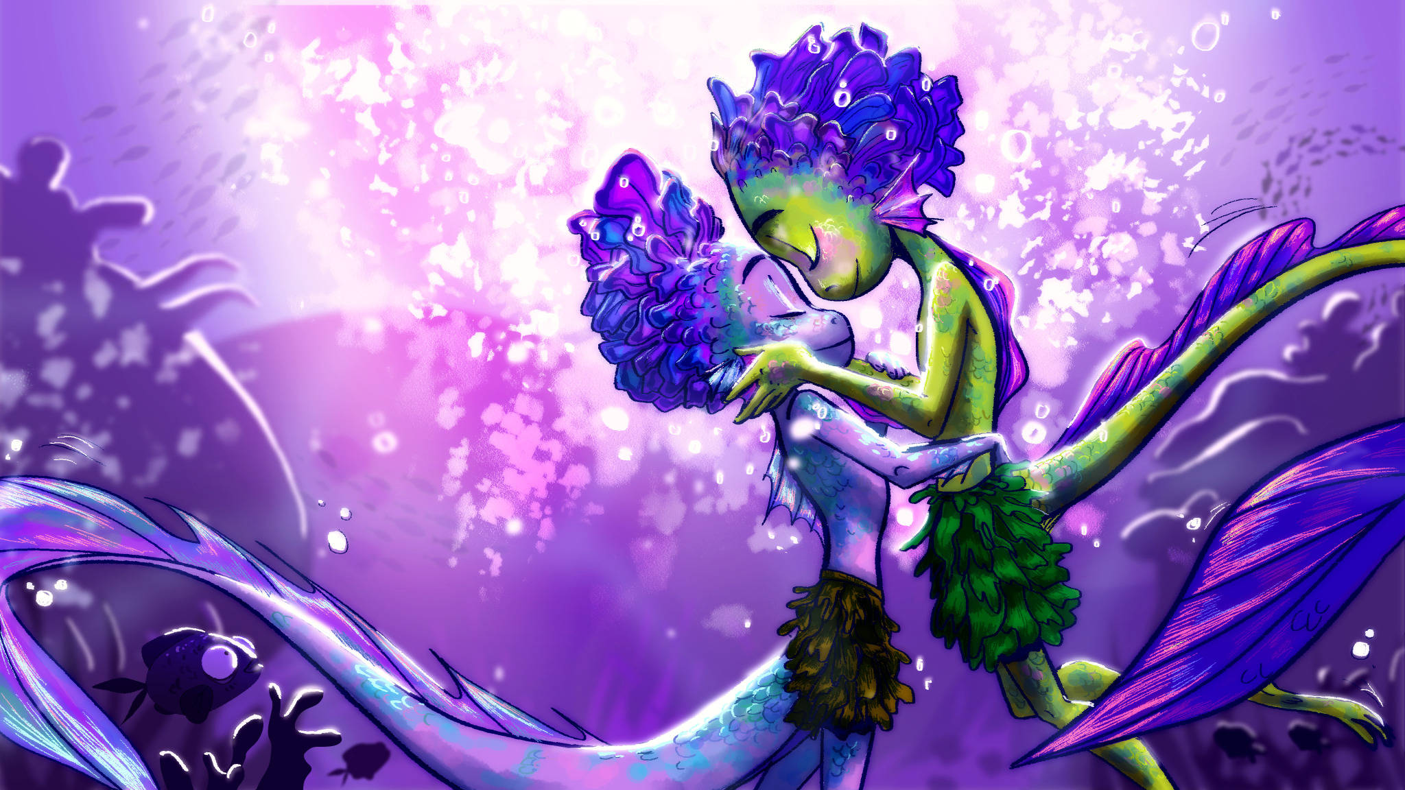 Luca 桌布 壁紙 — 兩個奇幻的紫色和綠色人魚在發光的水下場景中溫柔擁抱，周圍有漂浮的氣泡和珊瑚剪影。