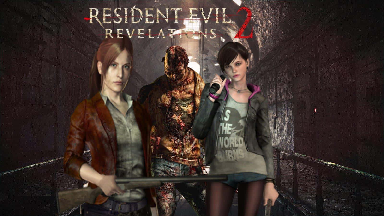 Resident Evil Revelations 2 桌布 壁紙 — 兩個女人和一個怪異的殭屍站在黑暗水淹的城市走廊，燈光閃爍。