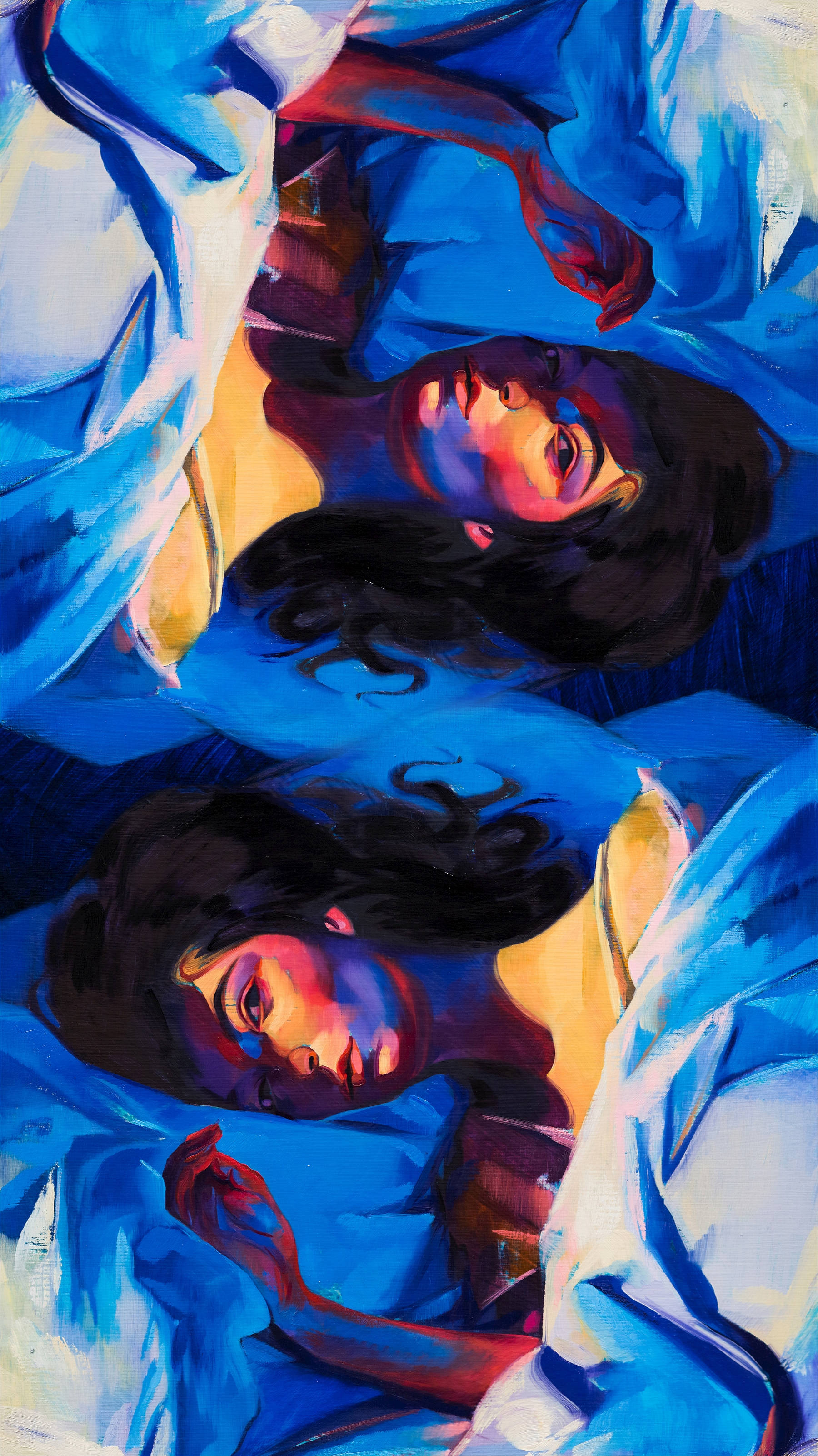 Lorde 桌布 壁紙 — 兩個女人在藍色床單下休息，溫暖的膚色在冷色陰影中閃耀，呈現繪畫風格。