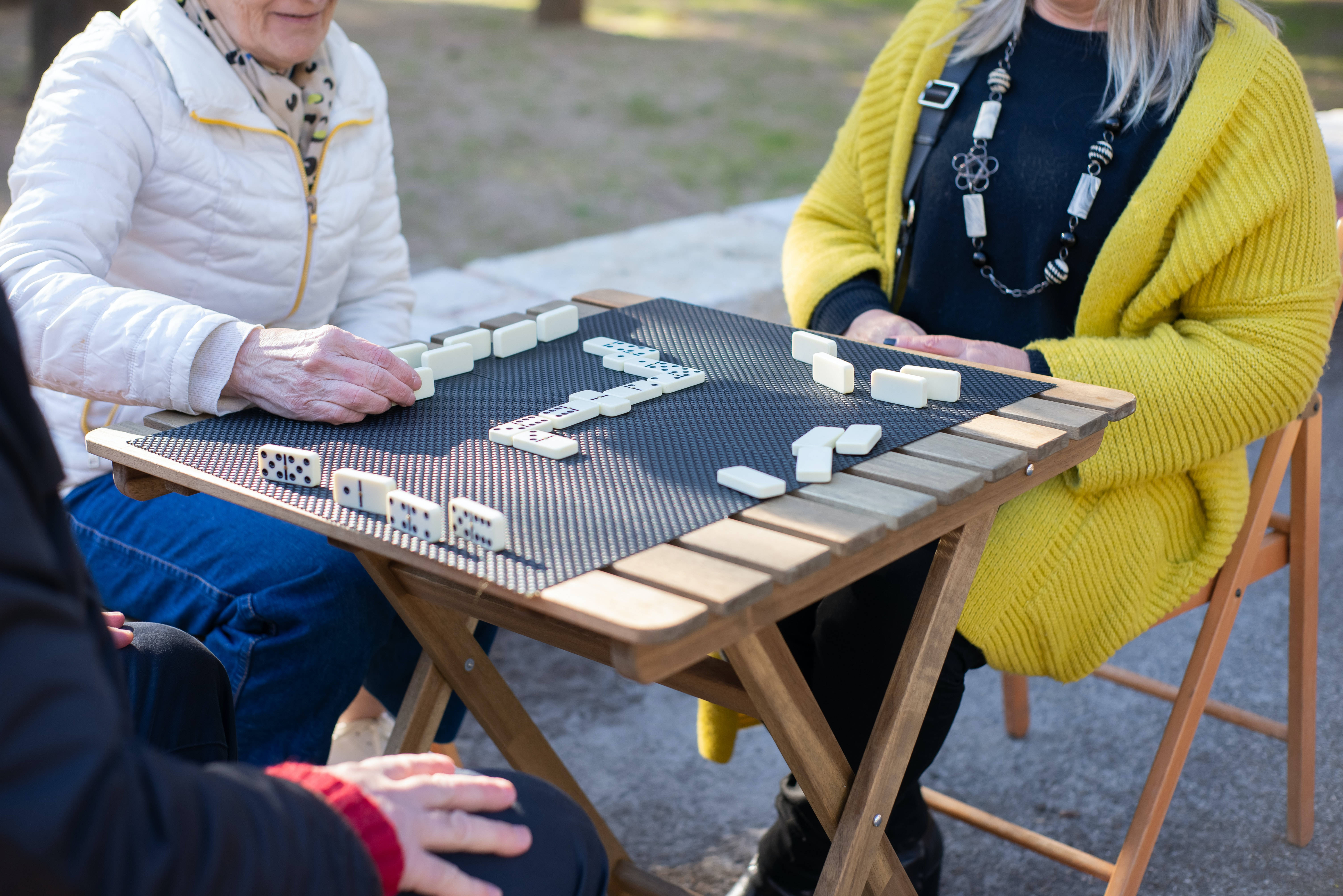 dominos 桌布 壁紙 — 兩個女人在陽光明媚的日子裡，在戶外的木桌上玩多米諾骨牌，背景有草地和樹木。
