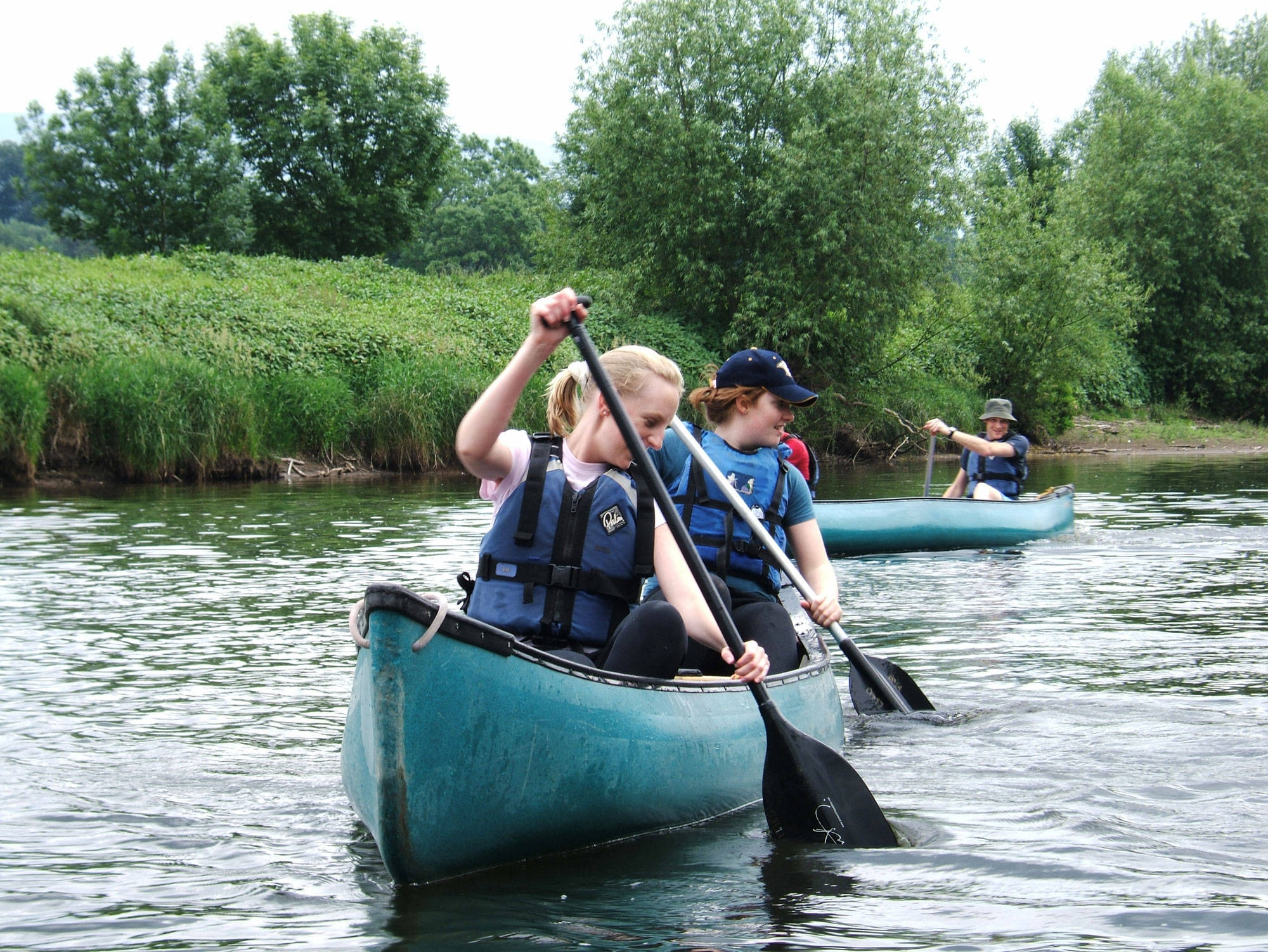 Rowing 桌布 壁紙 — 兩個女孩划著青綠色獨木舟，沿著一條兩旁長滿茂密綠樹和蘆葦的平靜河流而下。