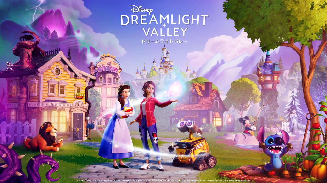 1366x768 Disney 桌布 壁紙 — 兩個女孩和迪士尼角色如史迪奇和杯麵站在一個色彩繽紛的房屋和城堡的奇幻村莊，天空是紫色的。