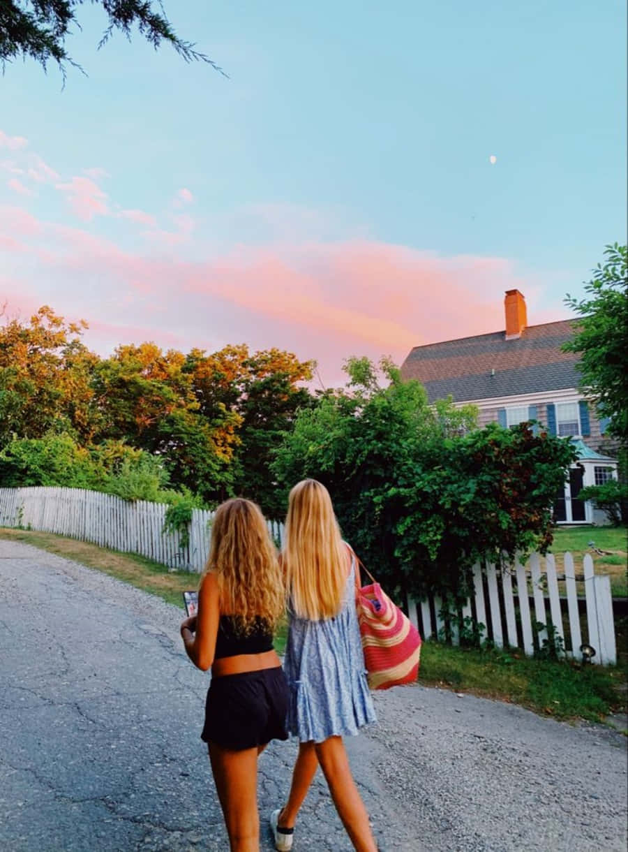 friend 桌布 壁紙 — 兩個女孩在日落時分沿著一條寧靜的郊區道路漫步，天空有粉紅色的雲彩和白色的尖樁籬笆。