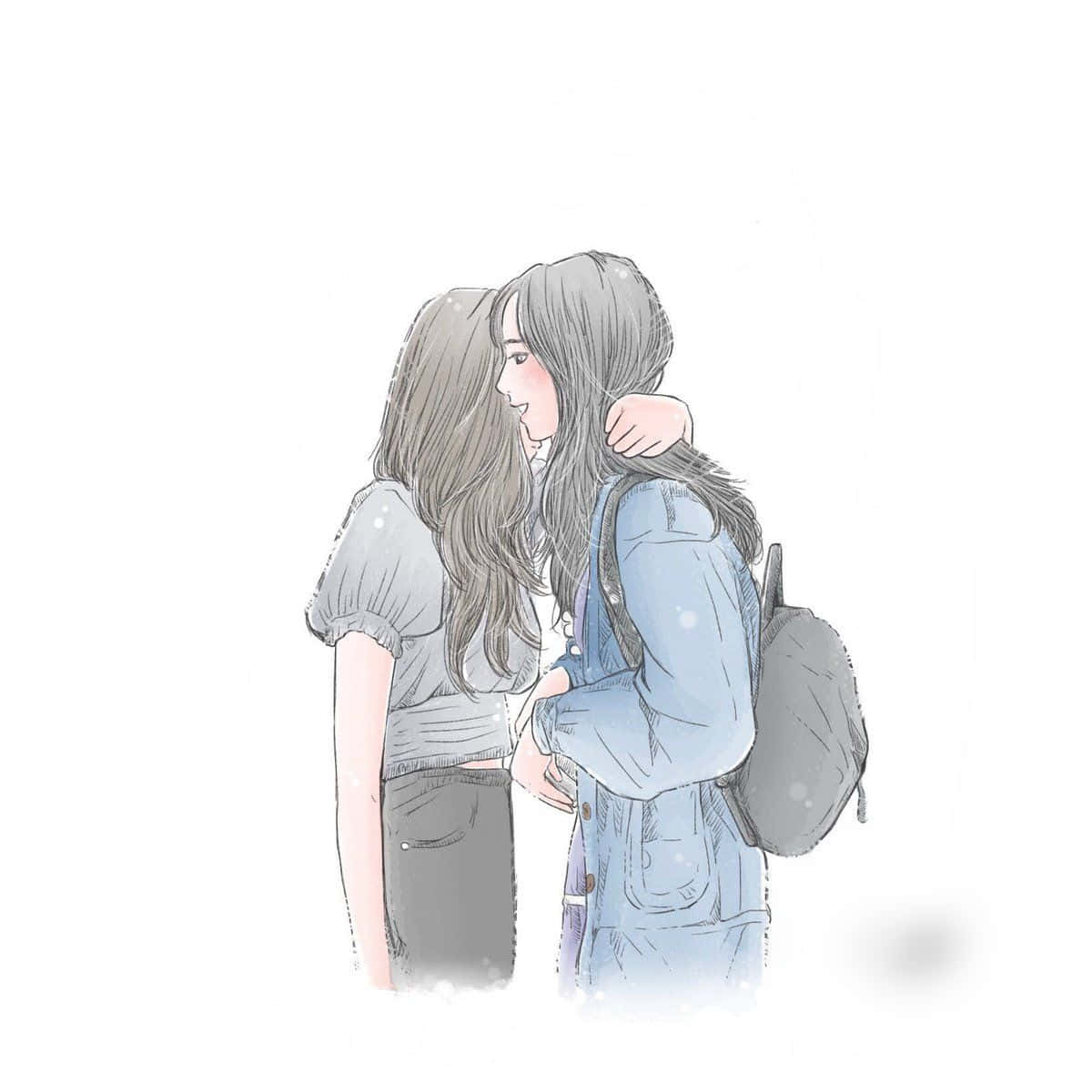 Hug 桌布 壁紙 — 兩個女孩在柔和的水彩插圖中溫暖擁抱，周圍有溫柔的雪花飄落。